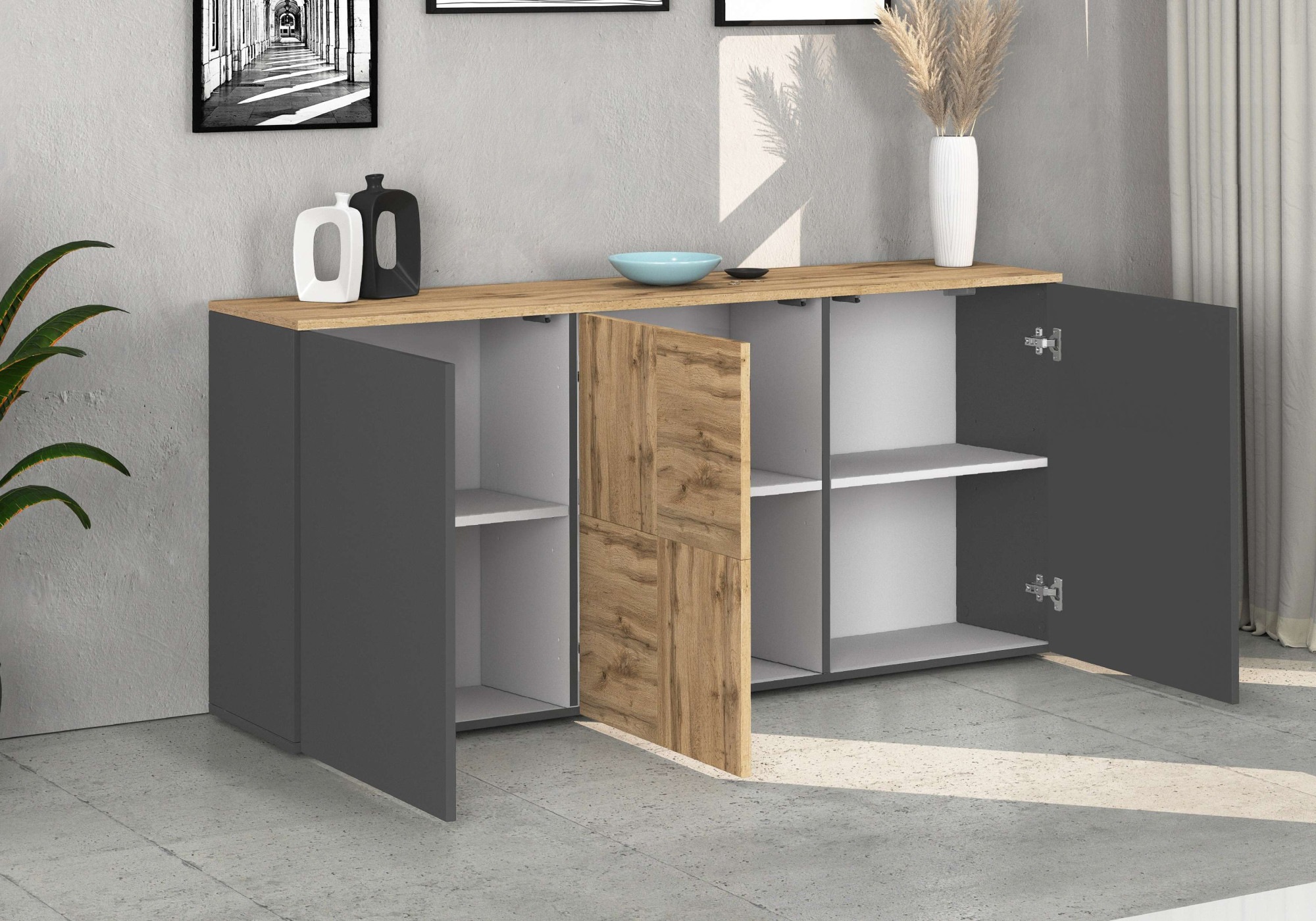 GOODproduct Sideboard »ISEO, Kommode, Schrank, Sideboard, Lowboard, 6 Fächer, Breite 150 cm« 1 Stk. tlg. stehend/hängend, 3 Türen, 6 Fächer, Breite 150 cm