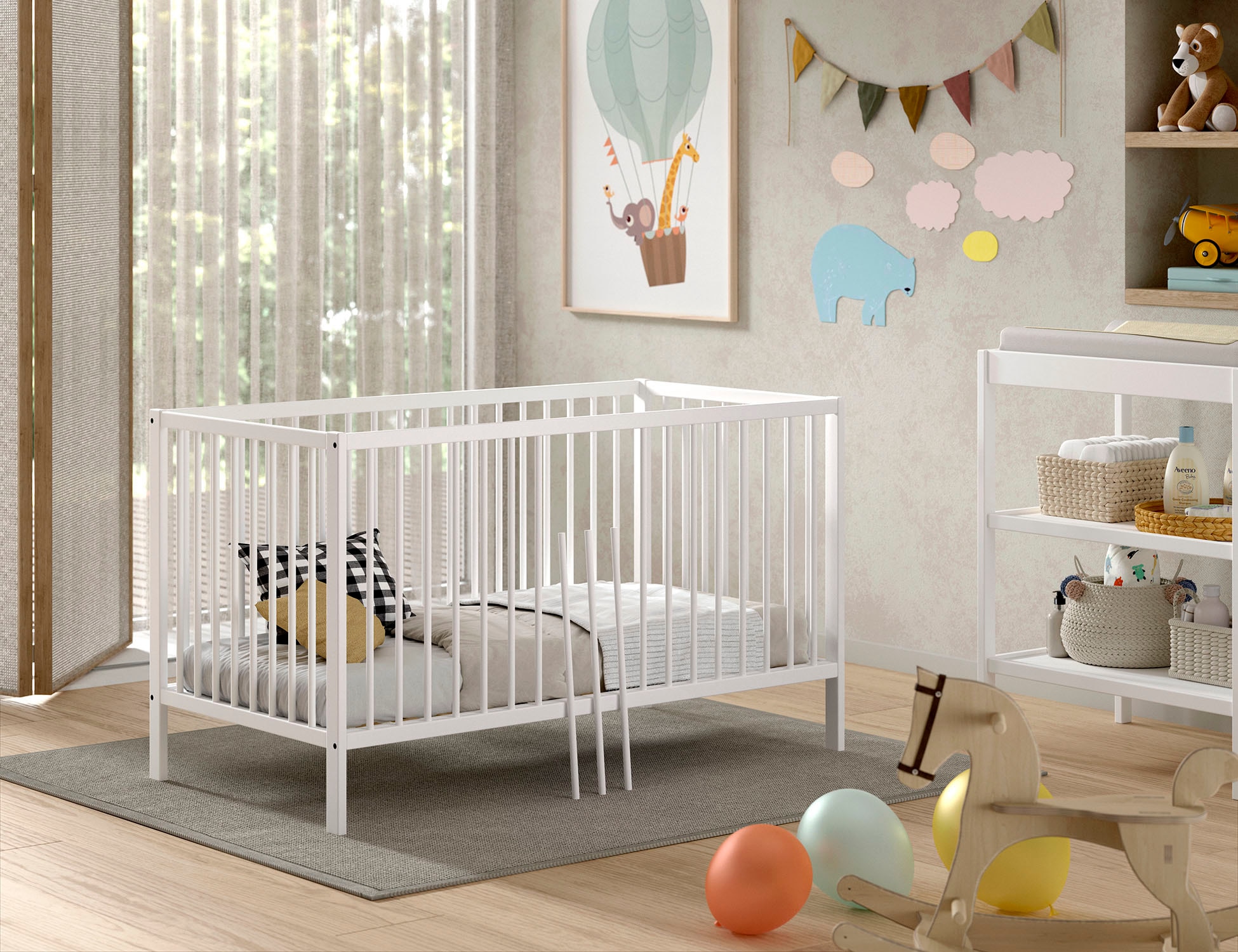 Vipack Lit bébé »Dino 70/140 mit 3-fach verstellb. Lattenrost, inkl. 3 Schlupfsprossen« en hêtre massif, convertible en lit junior, au choix en 3 couleurs