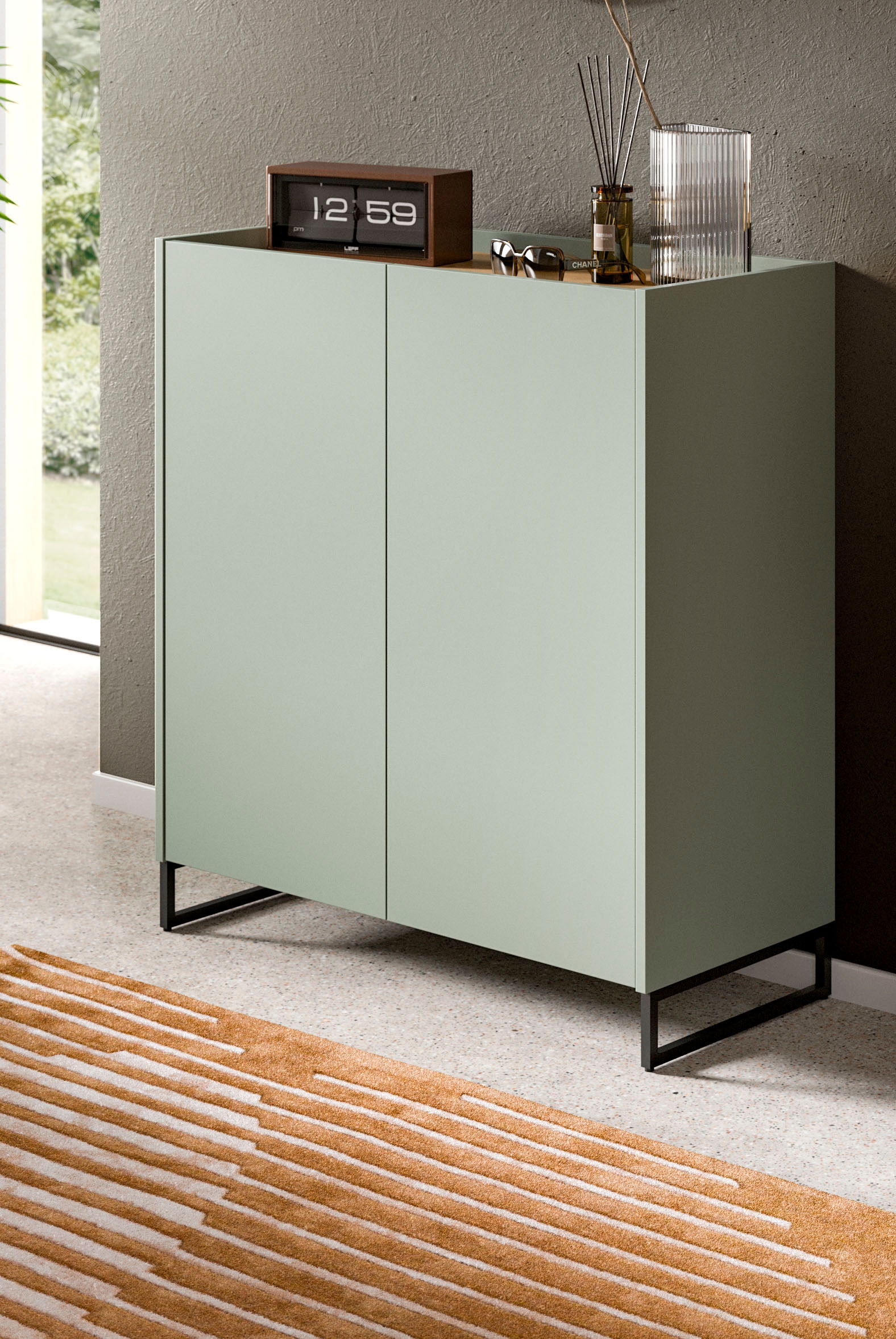 Home affaire Armoire à chaussures »EVRID, Breite 90cm, 2 Türen, 5 Einlegeböden, inkl. Metall-Kufenfüsse« individuell mit anderen Artikel der Serie EVRID erweiterbar, 1 cuis tlg. Schuhkommode, Kommode, Sideboard, Garderobenschrank, Flurkommode