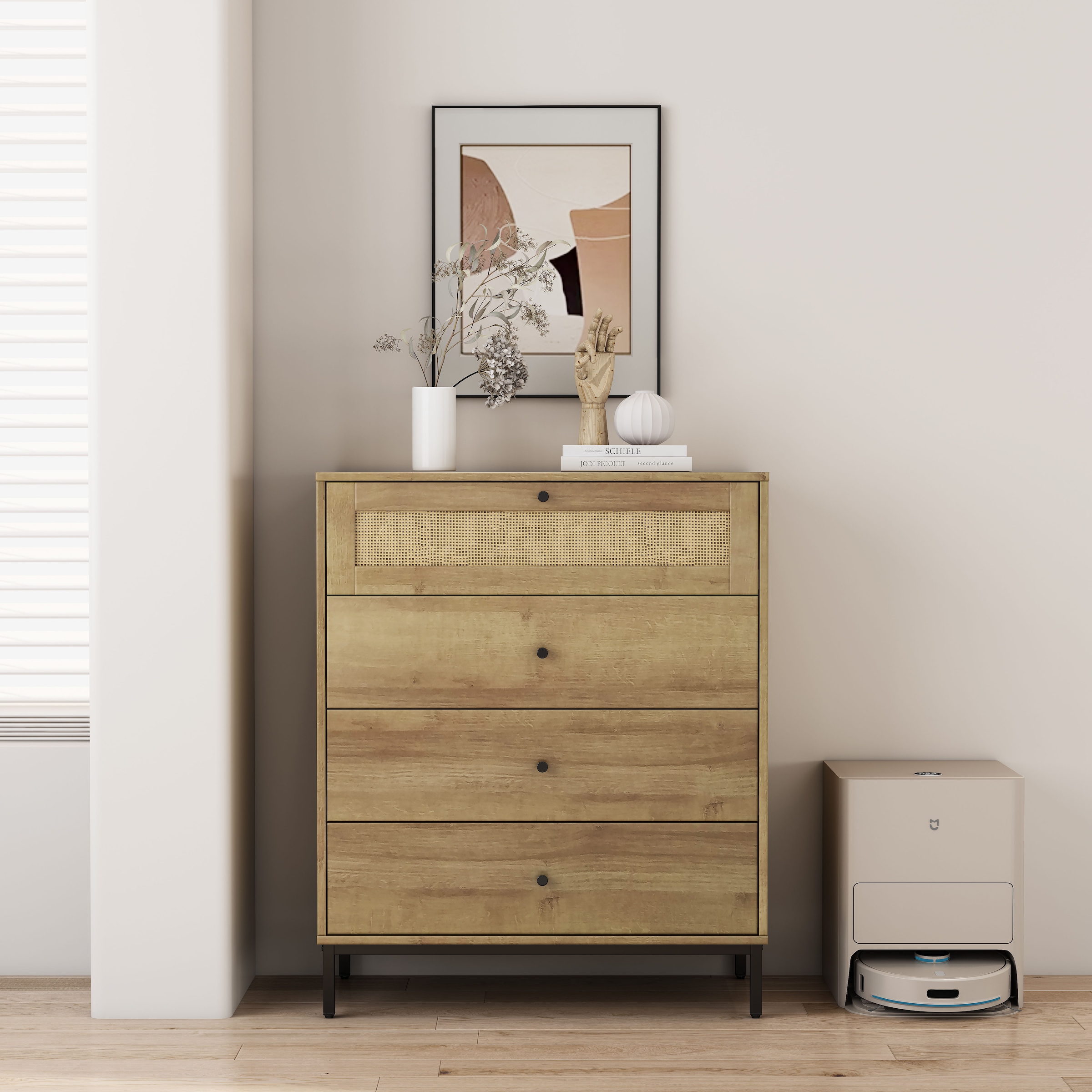 GOODproduct Kombikommode »Motala Sideboard Wäscheschrank im BOHO Design Bestseller Kommode« Eichen-Design mit Geflecht Schublade und schwarzen Griffen, 