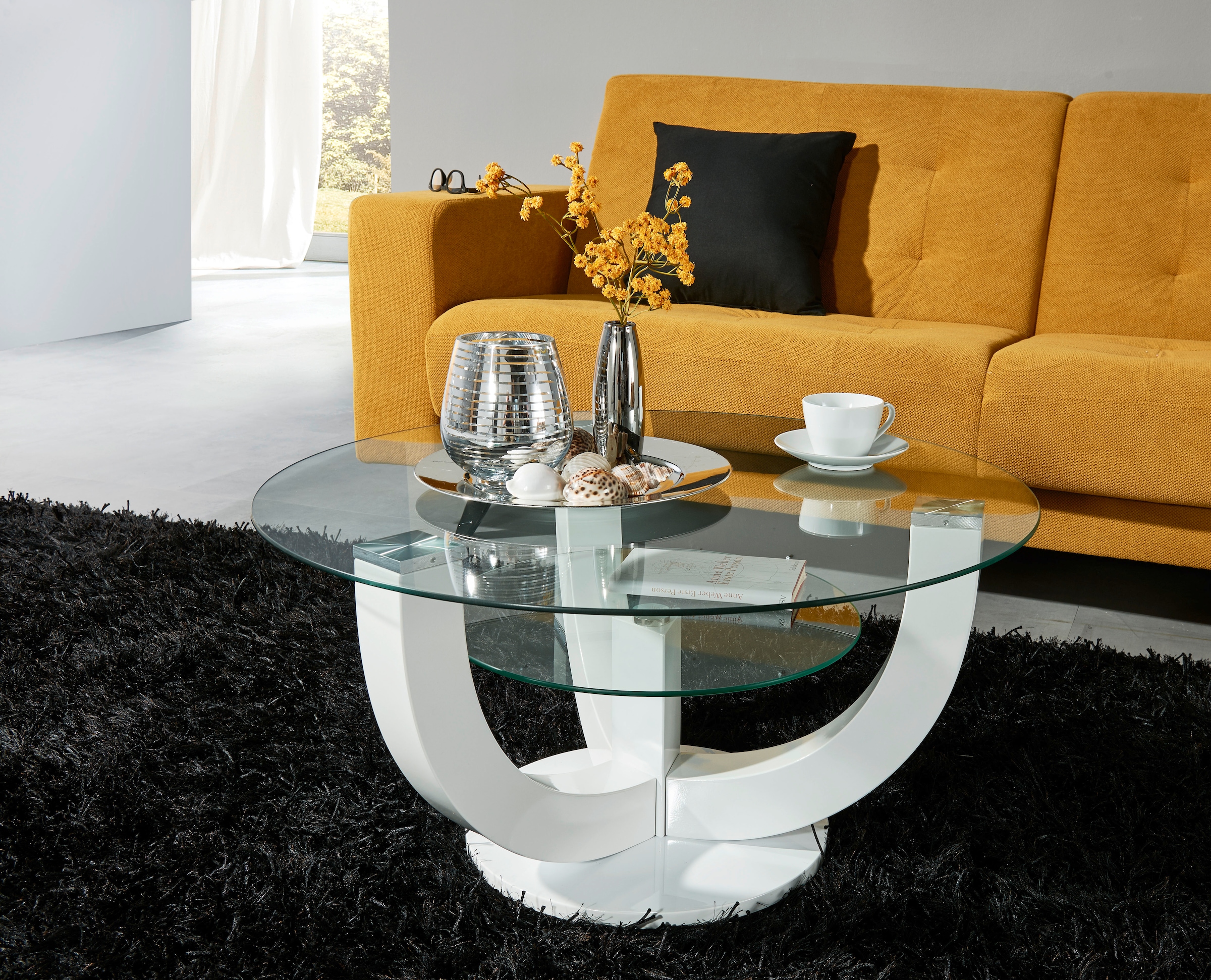Image of Stolkom Couchtisch "Denver" Couchtisch, OTTOs Choice, rund mit Glas, Tisch -Gestell weiss hochglanz