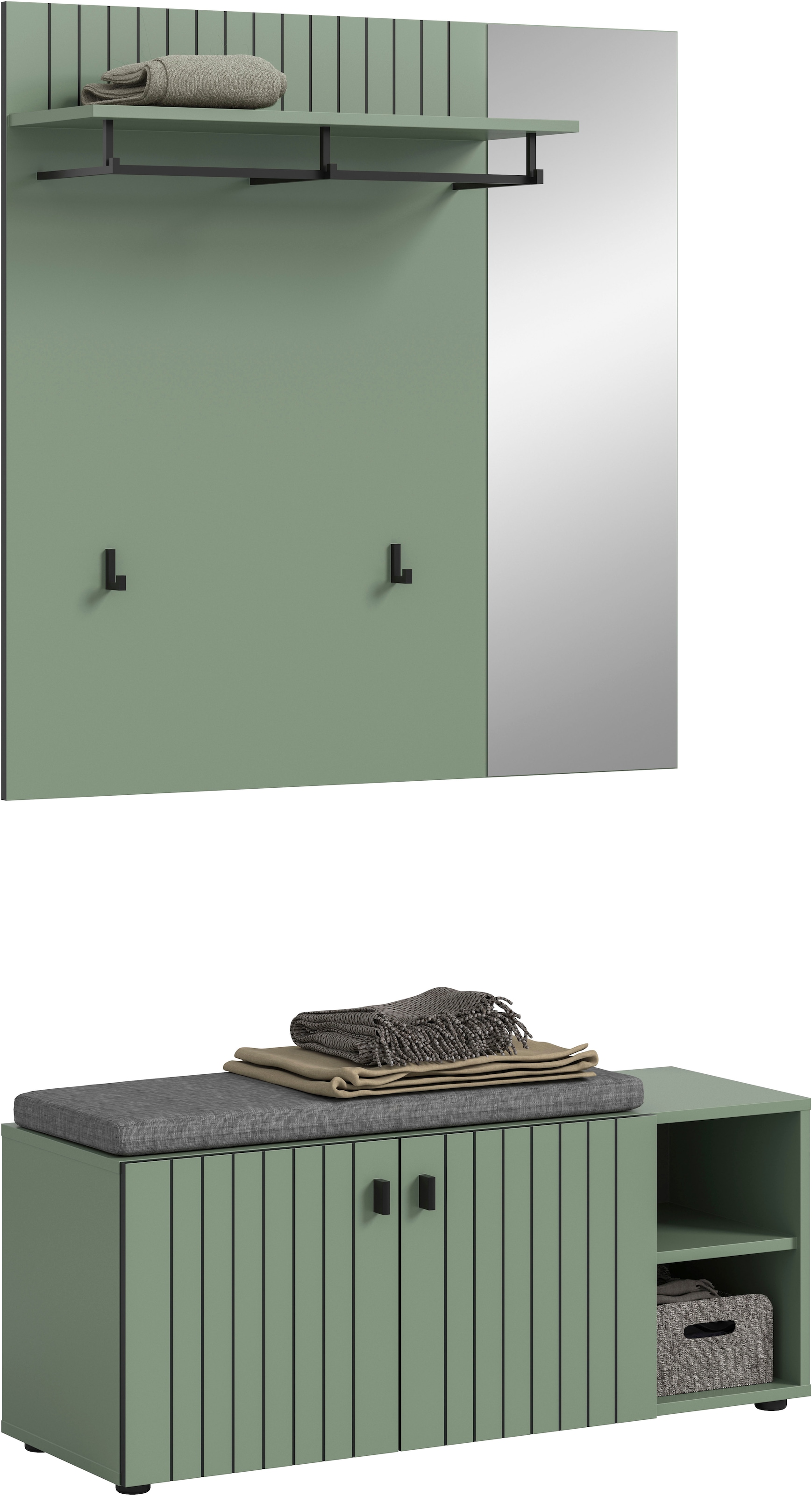 Home affaire Garderoben-Set »TATIO, 3-tlg. Garderobenkombination, Breite: 106 cm, Rillenfräsung« Set, Set, best. aus: 1Paneel, 1 Garderobensitzbank inkl. Kissen, 3 Stk. tlg.