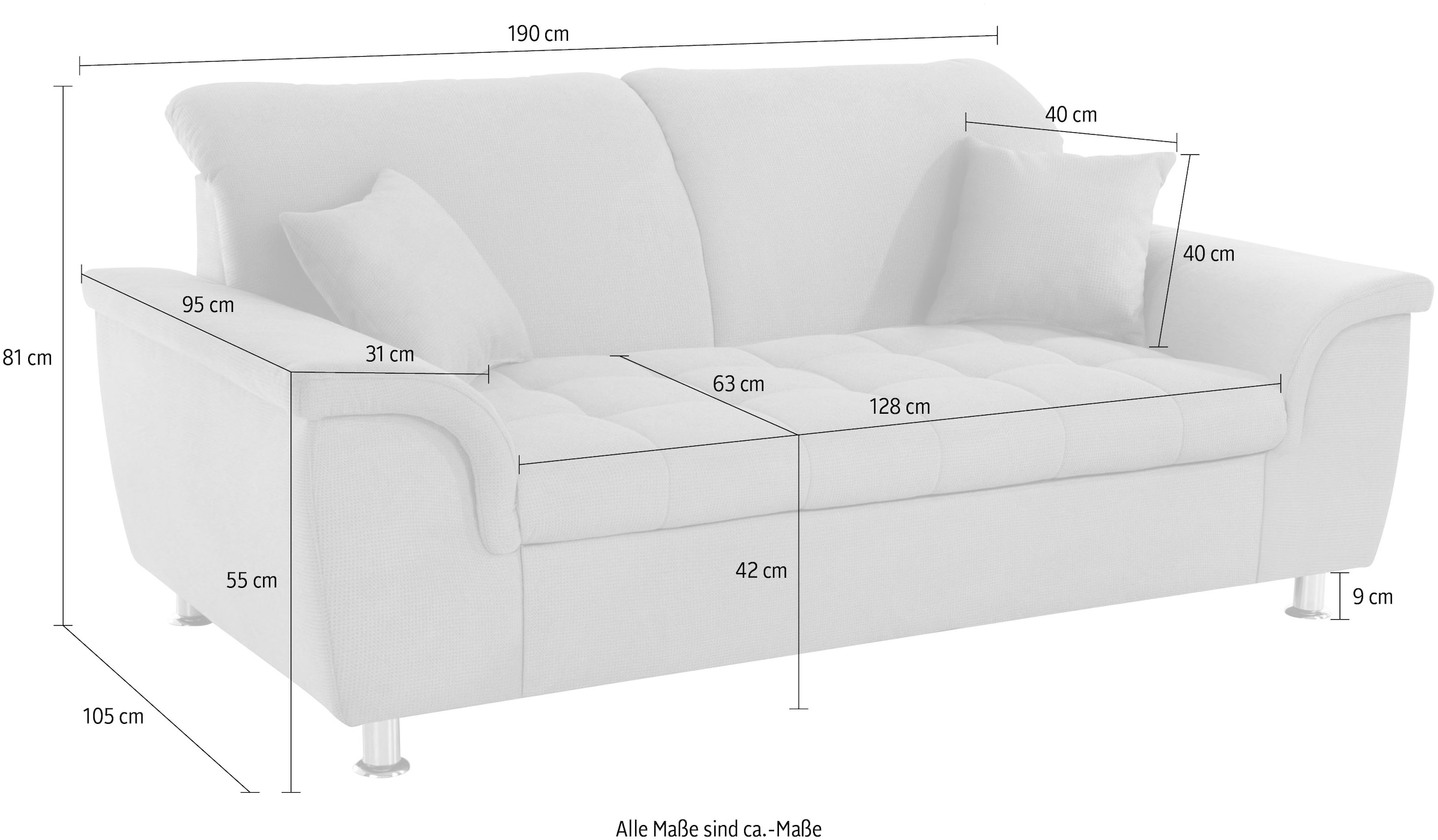 DOMO collection 2-Sitzer »Franzi, zeitlos & elegant, moderne Sitzheftung«, wahlweise mit Kopfteilverstellung, inklusive Zierkissen
