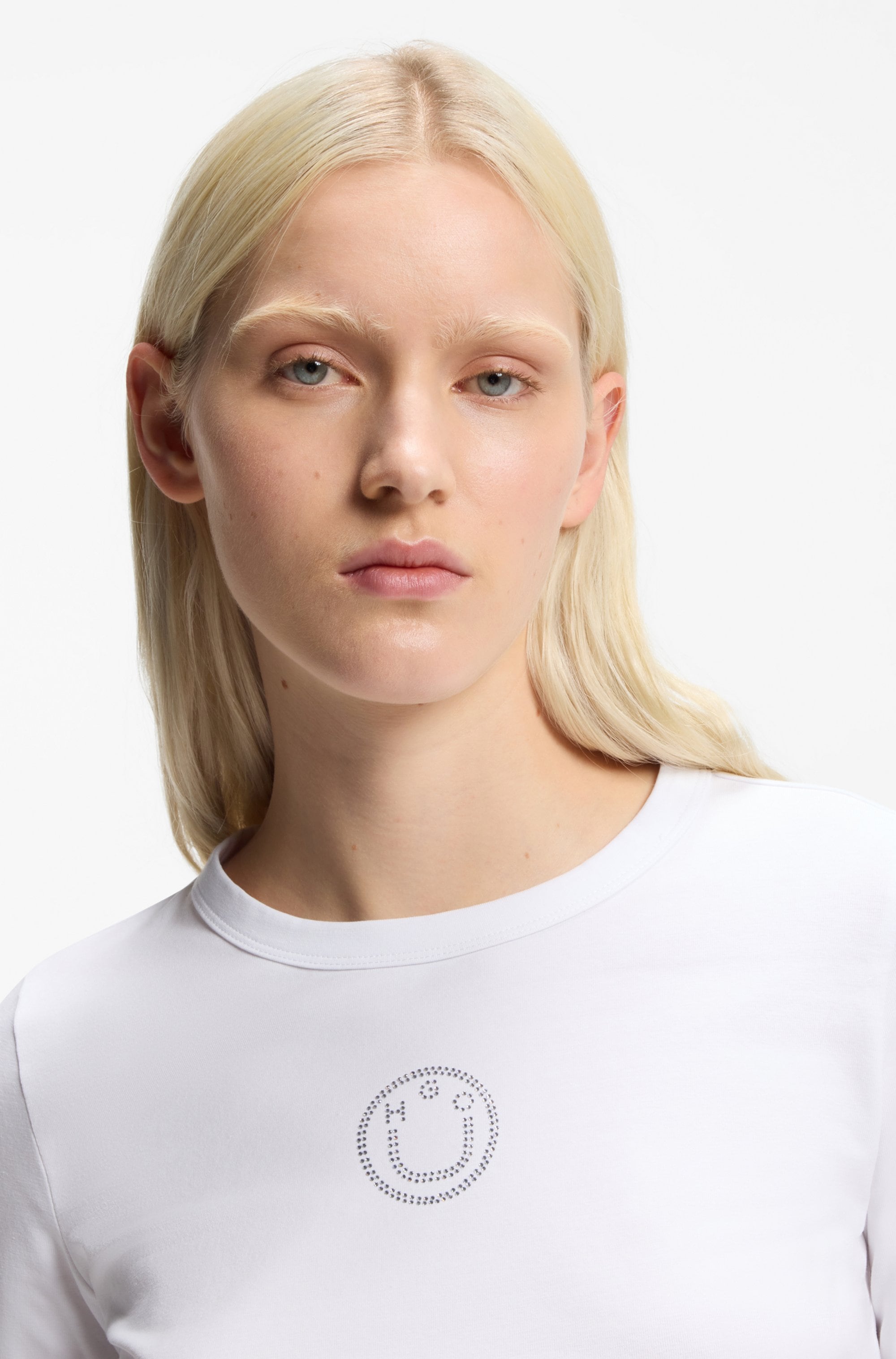 HUGO Blue T-shirt à manches longues »Daliriee« cropped, Rundhals, mit Strassbesatz