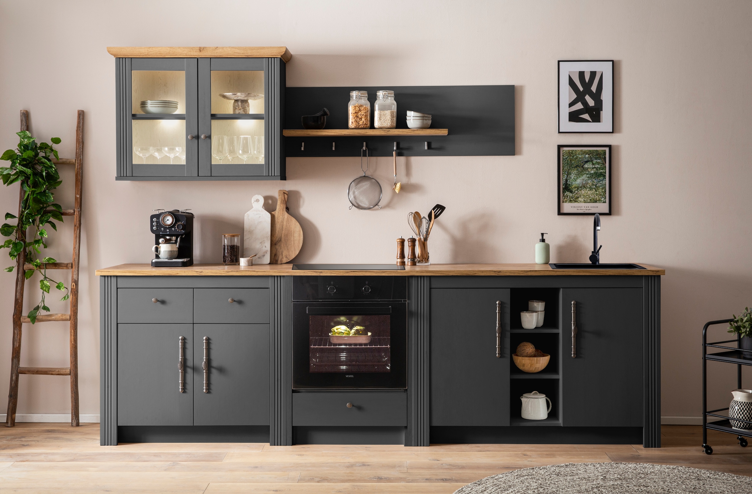 GOODproduct Küchenzeile »KS-Westminster, Pantryküche im Landhaus Stil, hochwertige Metallgriffe« Set,  Breite 294 cm, Kommoden, Wandpaneel, Hängeschrank, Herdumbau