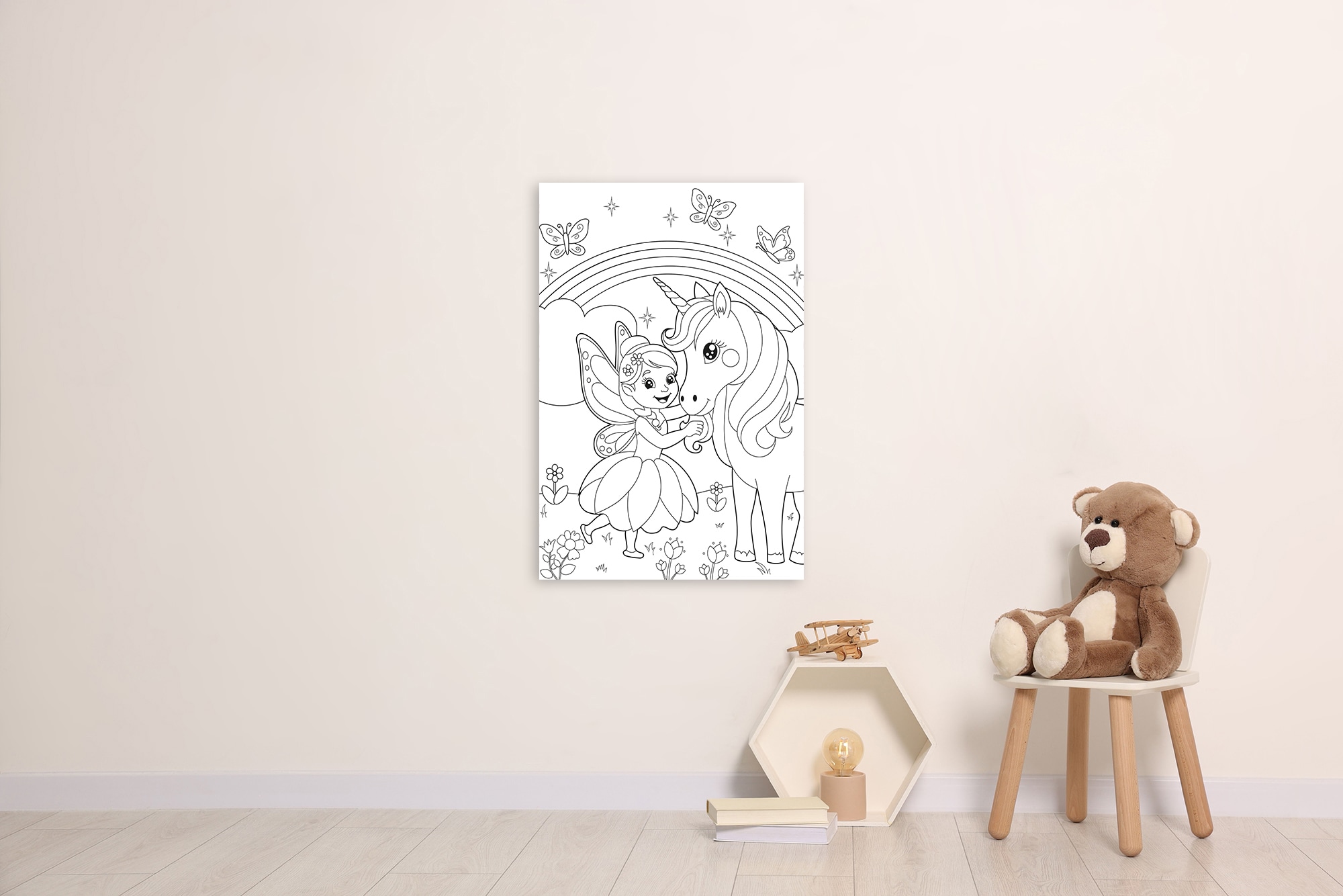 Image of queence Bild "Fee und Einhorn" Blumen Blumenbilder Blätter Blätterbilder Einhorn Feen Felder Figuren Mädchen Märchen Märchenbilder Regenbogen Reitbilder Wichtel klassische Fantasie 1 Stk. tlg. DIY Wandbild aus Dibond