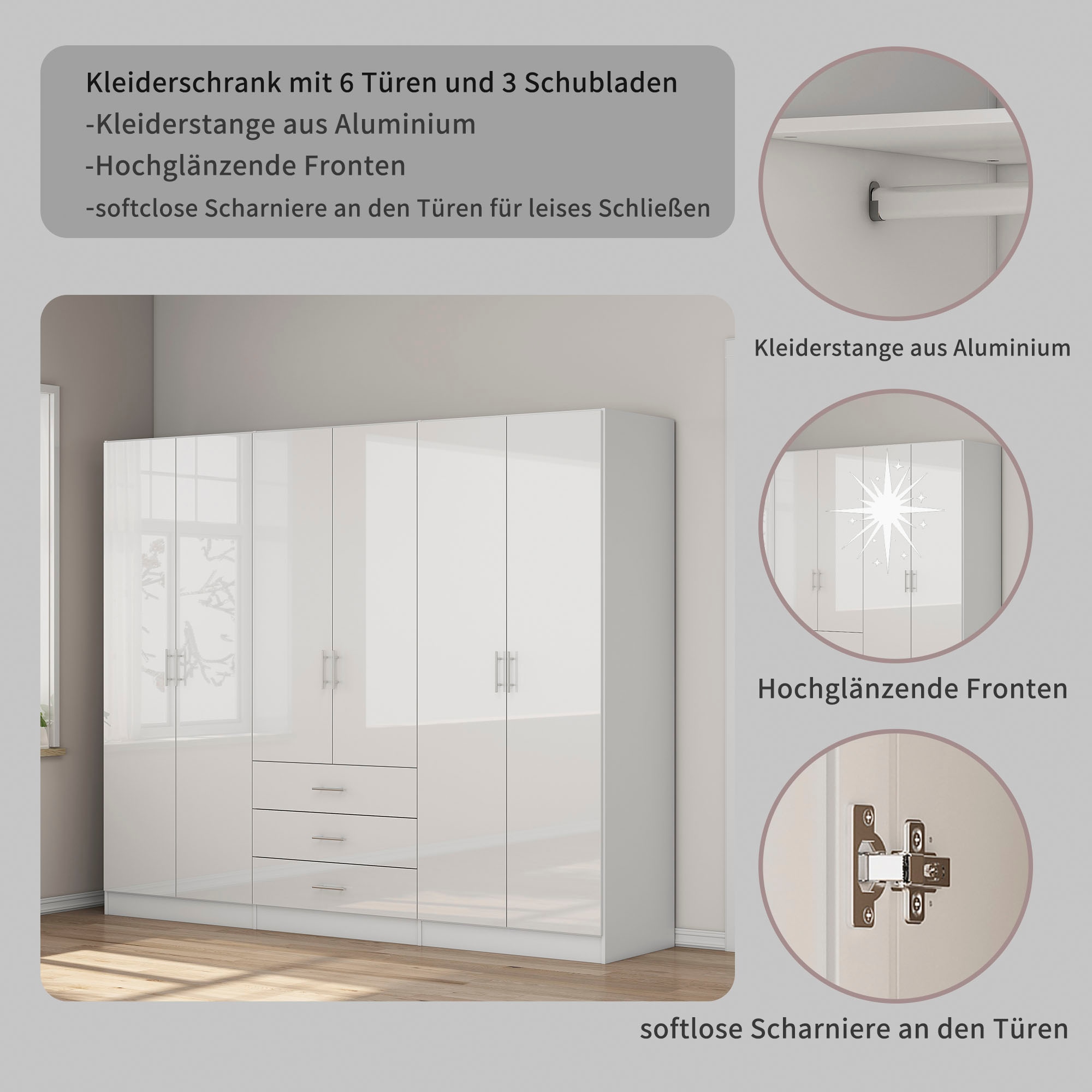 GOODproduct Kleiderschrank »Trento Schlafzimmerschrank Garderobe hochglanz« Schrank mit 6 Türen und 3 Schubladen, höchglänzende Fronten