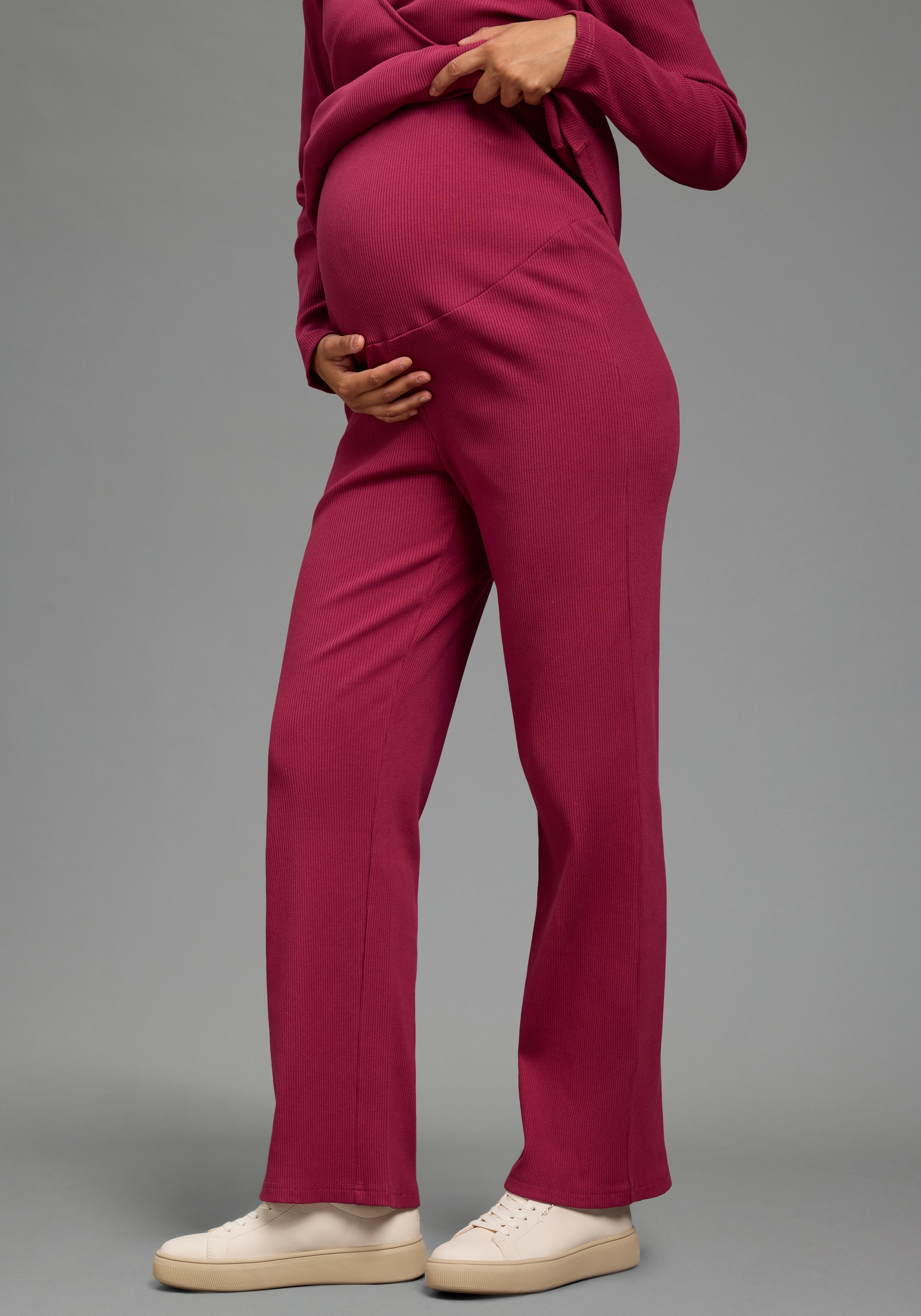 Image of Neun Monate Umstandshose "Weite Jerseyhose für Schwangerschaft & Stillzeit, elastische Rippware" Umstands-Hose aus Rippware mit weitem Bein