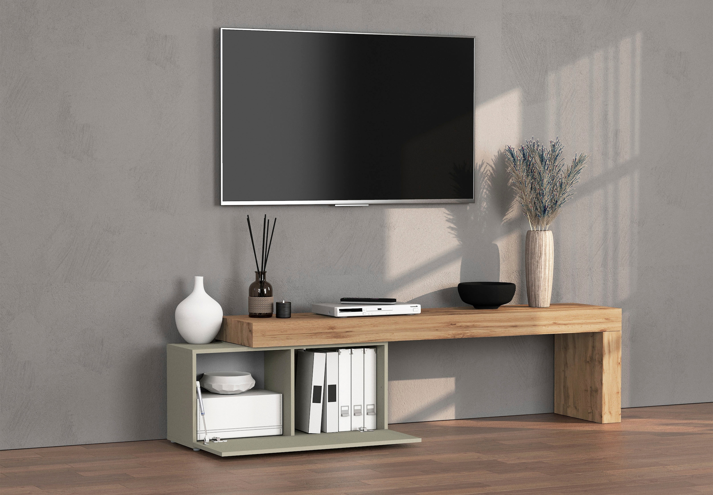 GOODproduct Table basse »Chronos TV-Board, TV-Schrank« Breite verstellbar von 180 bis 260 cm, 1 cuis tlg. Breite 220 cm TV-Board,Lowboard,1 Klappe und ein L-Förmiger Aufsatz