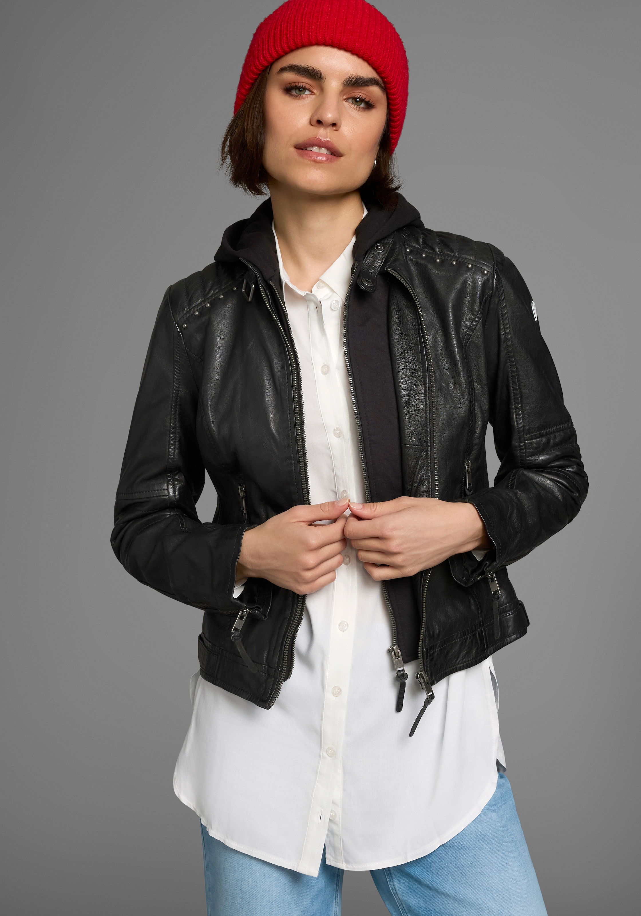 Image of ALPENBLITZ Lederjacke "Lissabon" mit Kapuze für Sommer und Übergangszeit, aus Lammnappaleder, stylisch