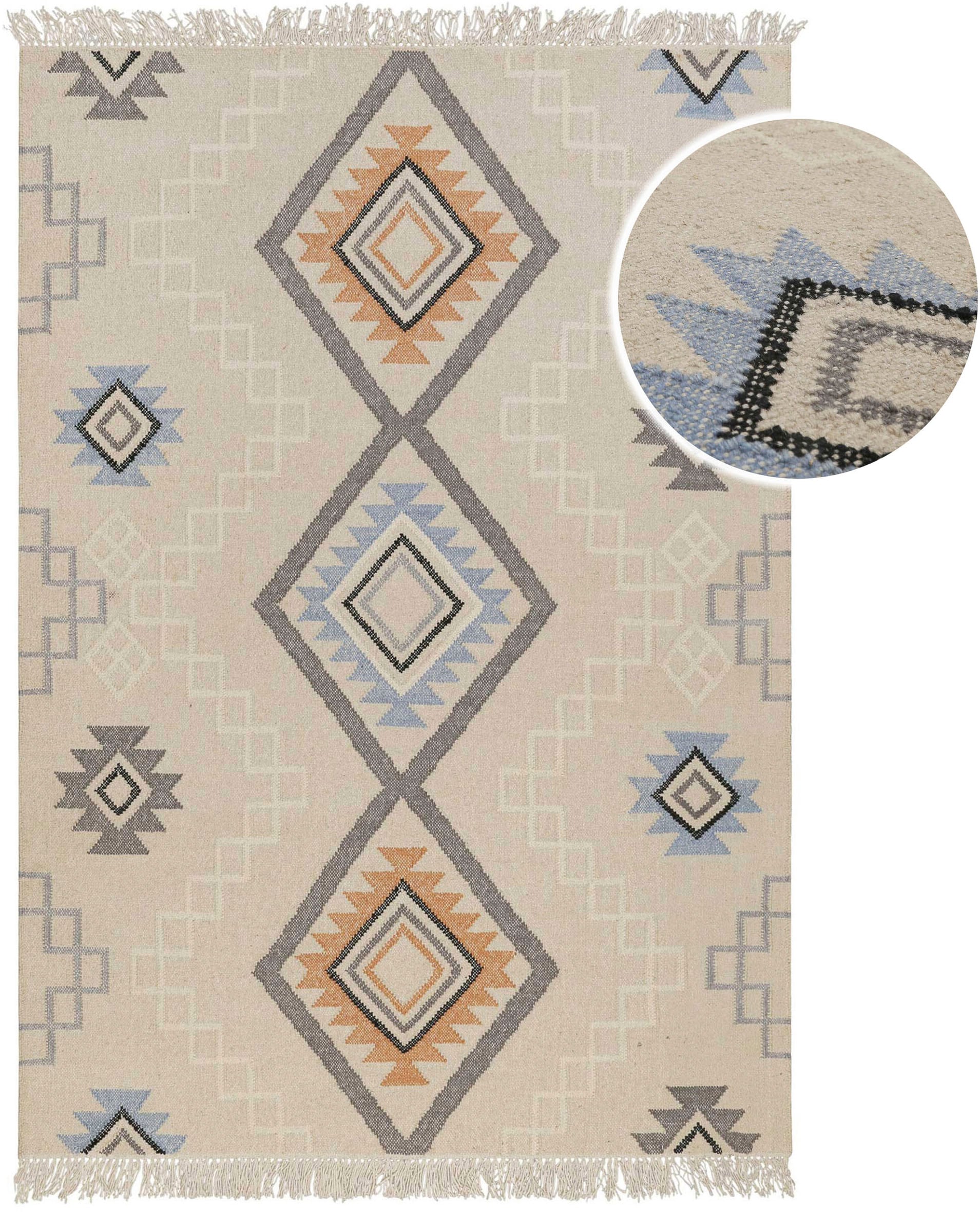 Green Looop Wollteppich »Jong« rechteckig 5 mm Höhe Fransen, Kelim, handgewebt, Natur, Wohnzimmer, Schlafzimmer, Raute