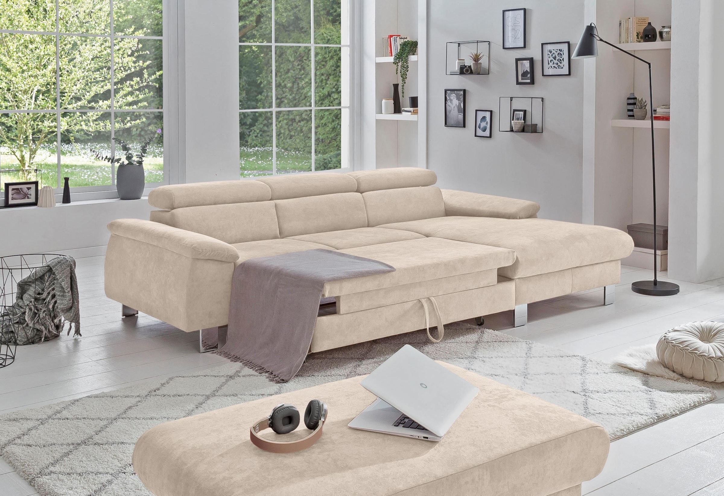 COTTA Polstergarnitur »Komaris L-Form«, (Set), Set bestehend aus: Ecksofa mit Kopfteilverstellung & Hocker
