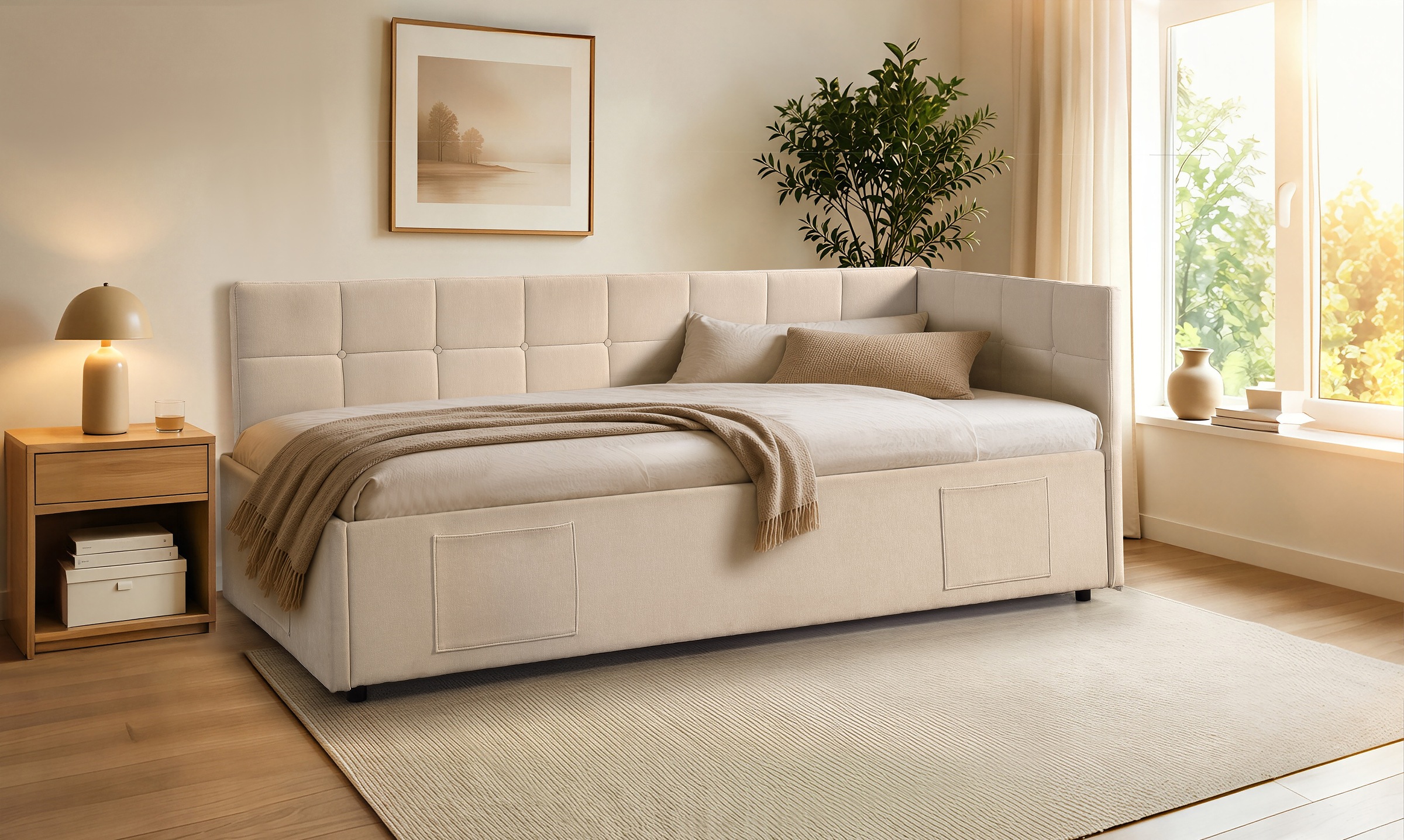 Image of GOODproduct Daybett "MALIKA, Schlafsofa mit Stauraum und Lattenrost" Kopfteil links/rechts montierbar, mit 3 Fächern