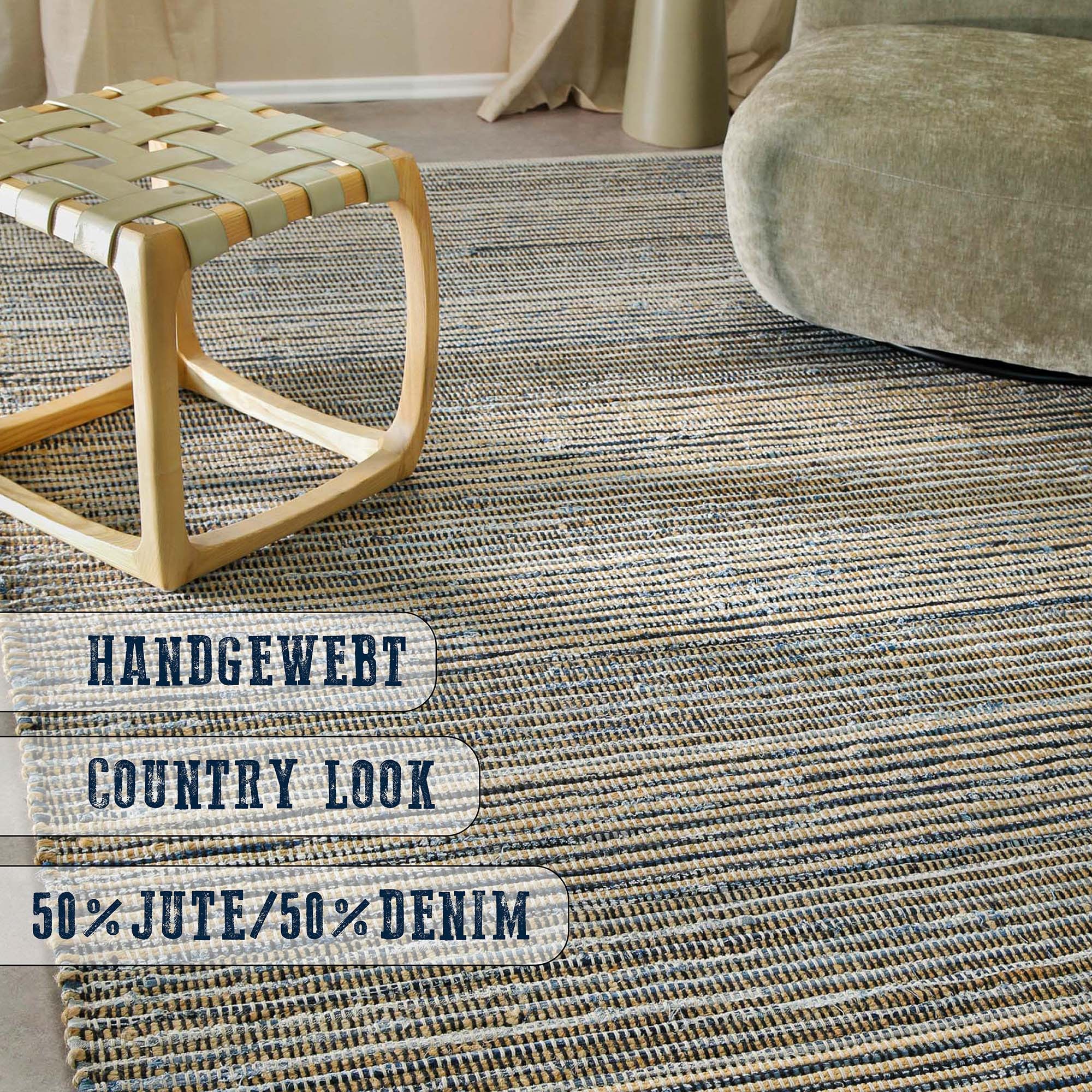 Wecon home Teppich »Denim Feels« rechteckig 6 mm Höhe handgewebt, robust, pflegeleicht, skandi, Natur, Jute, Wohnzimmer