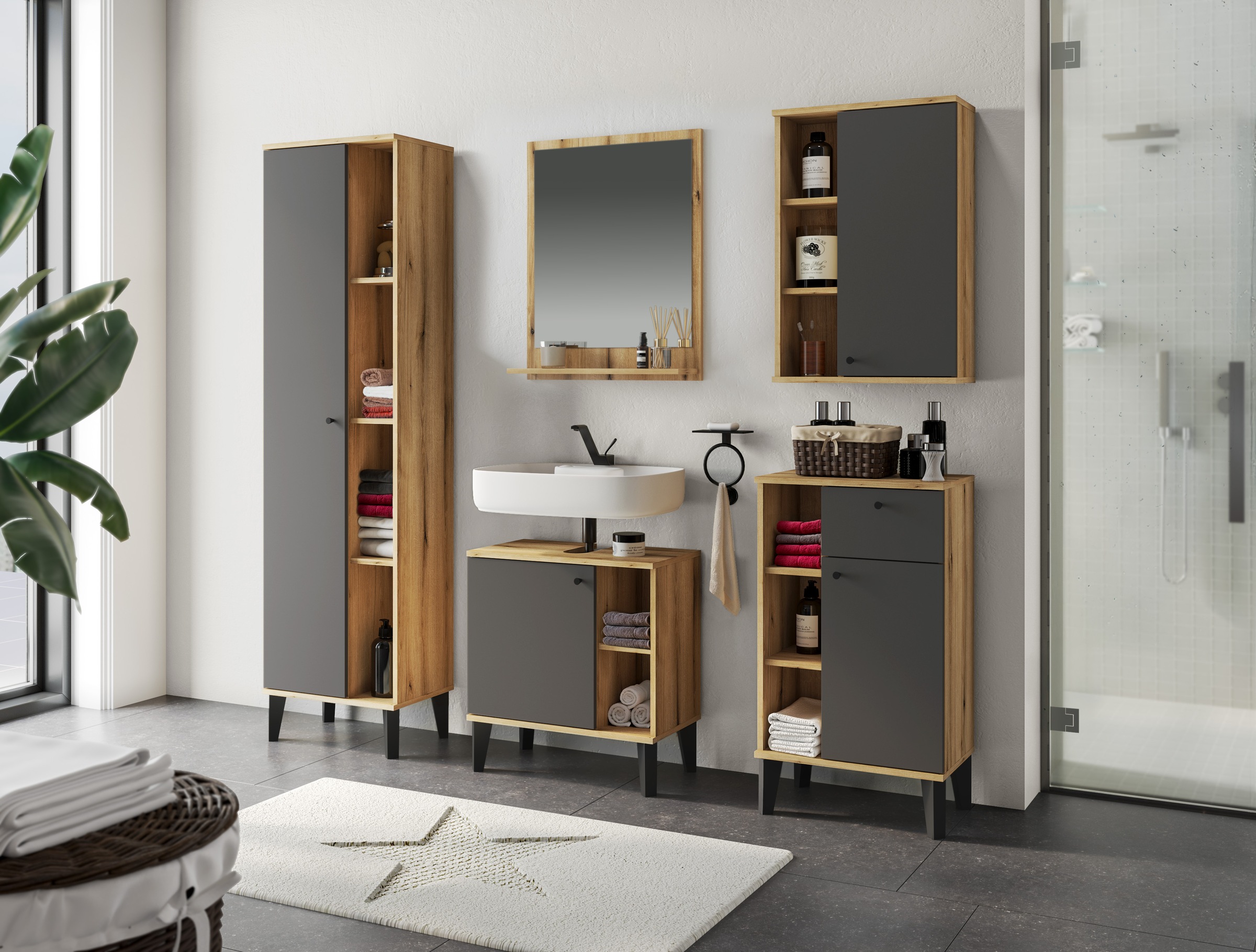 INOSIGN Badmöbel-Set »OSLO, Bad im skandinavischen Design, 5-teiliges Badezimmer« Set, 5 Stk. tlg.