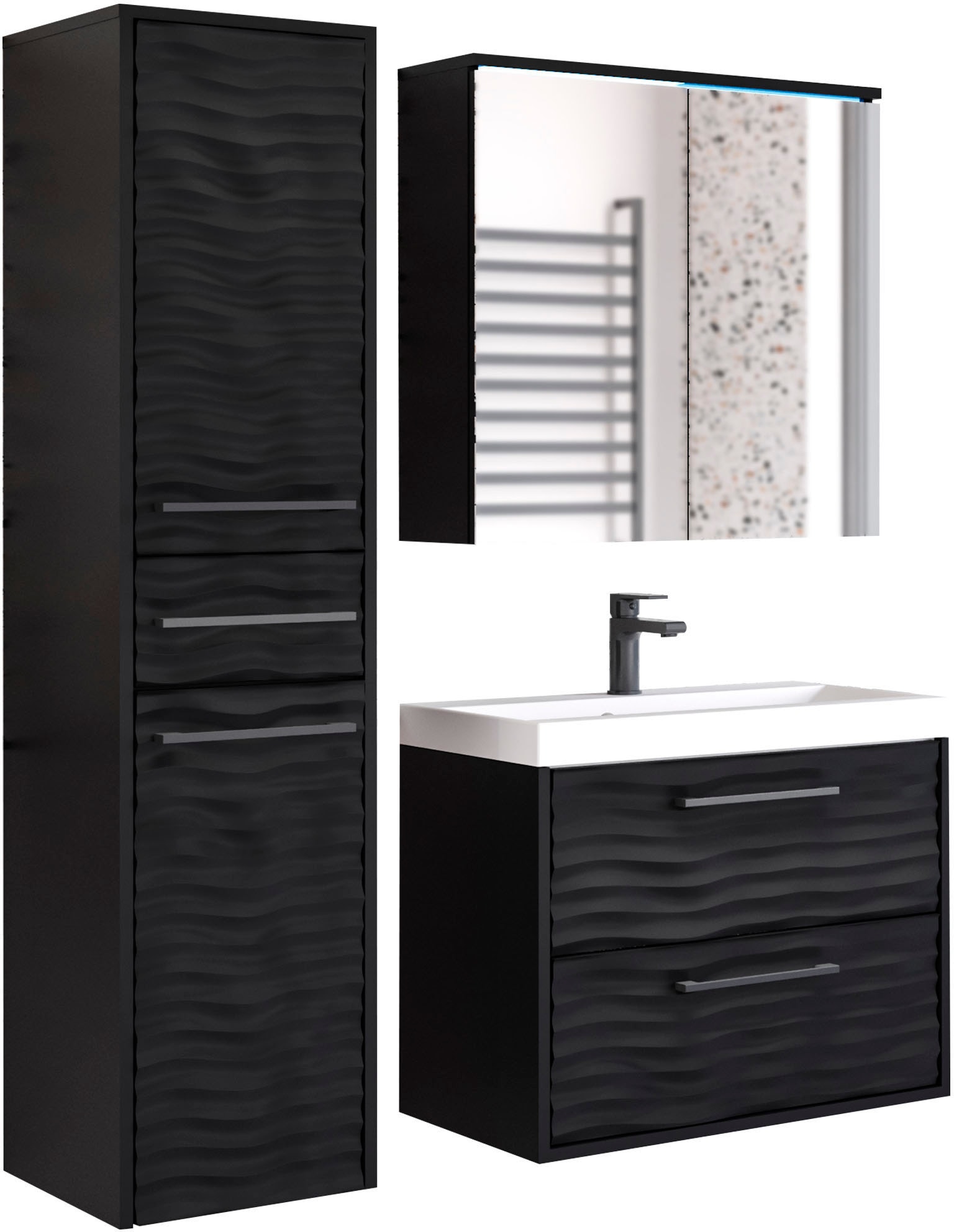 welltime Ensemble de meubles de salle de bain »Canada - Fronten mit Wellenstruktur« Ensemble complet, Façades avec structure ondulée, 3 cuis tlg.