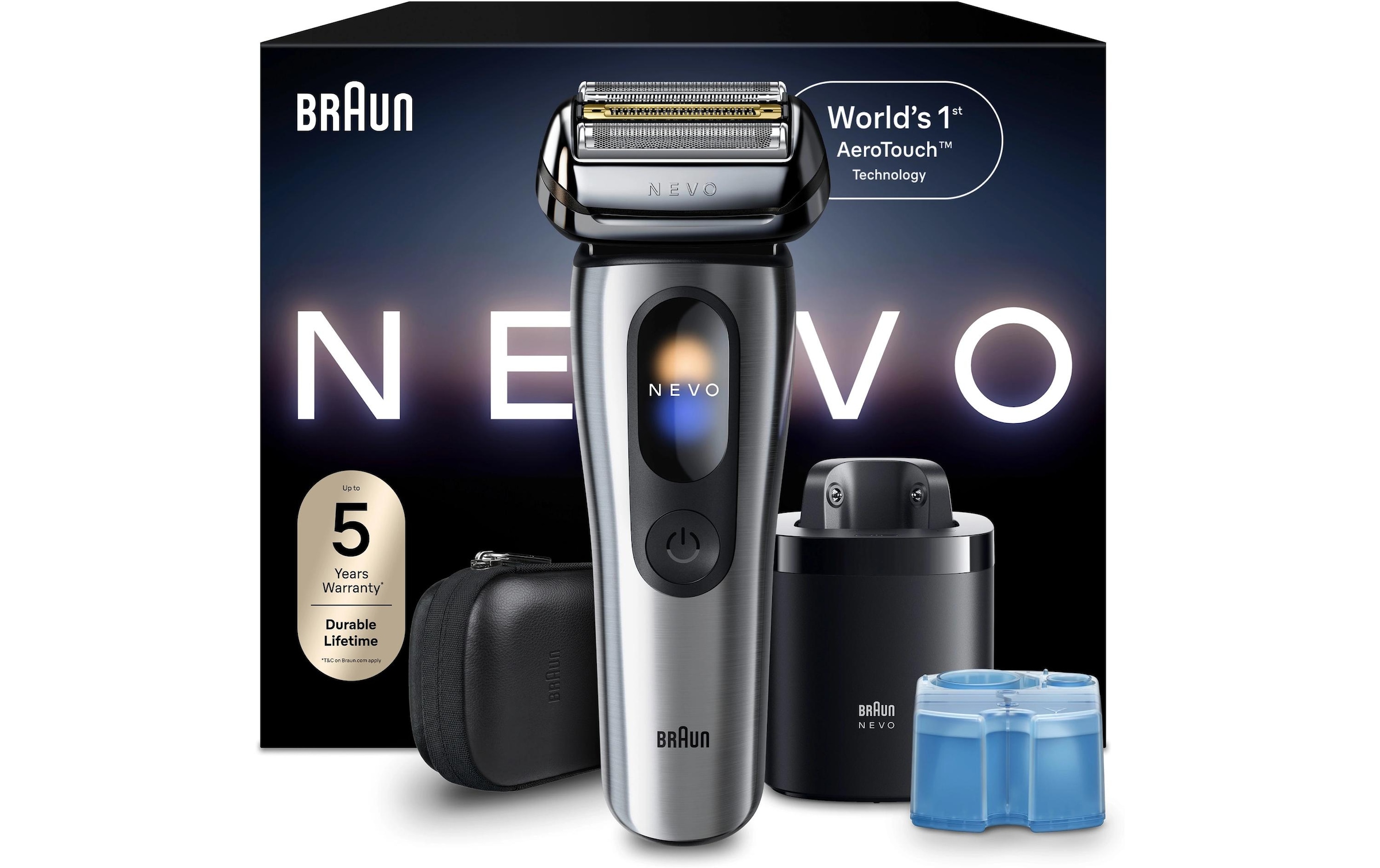 Braun Rasoirs électriques »NEVO 15000cc« station de nettoyage SmartClean Plus Tondeuse de précision intégrée AeroTouch, écran intelligent, système de soin 7-en-1, étui de voyage, argent