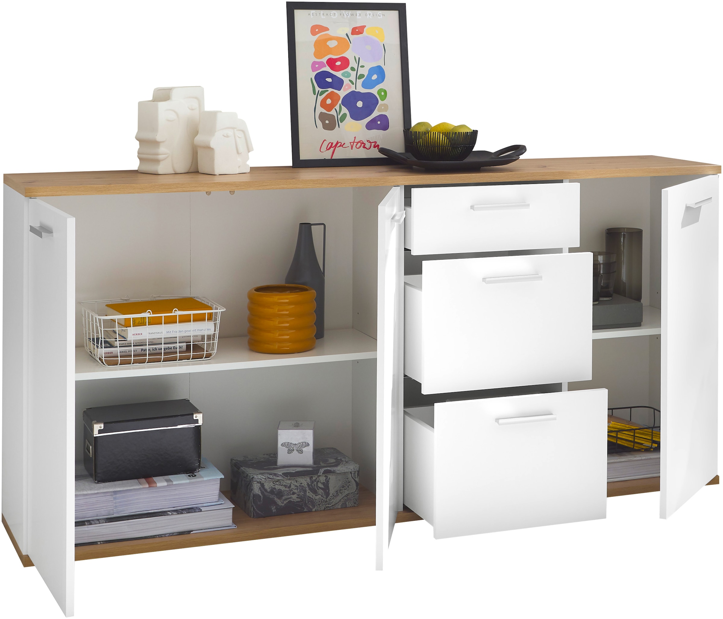 HBZ Kommode »BC1035 weiss matt, BxHxT 180x86x38 cm«, Sideboard mit 3 Türen, 3 Schubkästen, 2 Einlegeböden