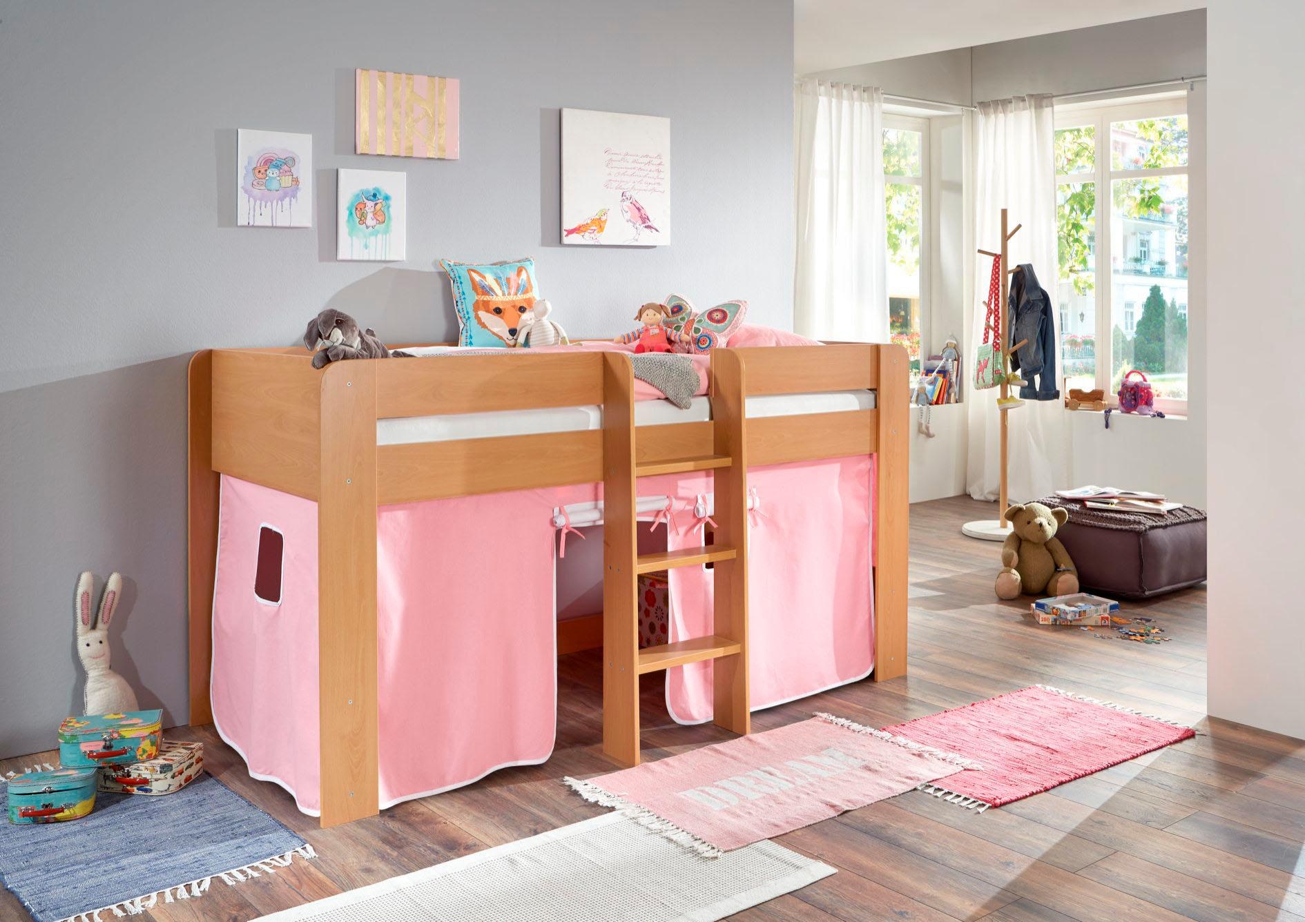 Image of Relita Hochbett "Andi" mit Rolllattenrost und Vorhang, mit Leiter, pflegel. Dekor Oberfläche