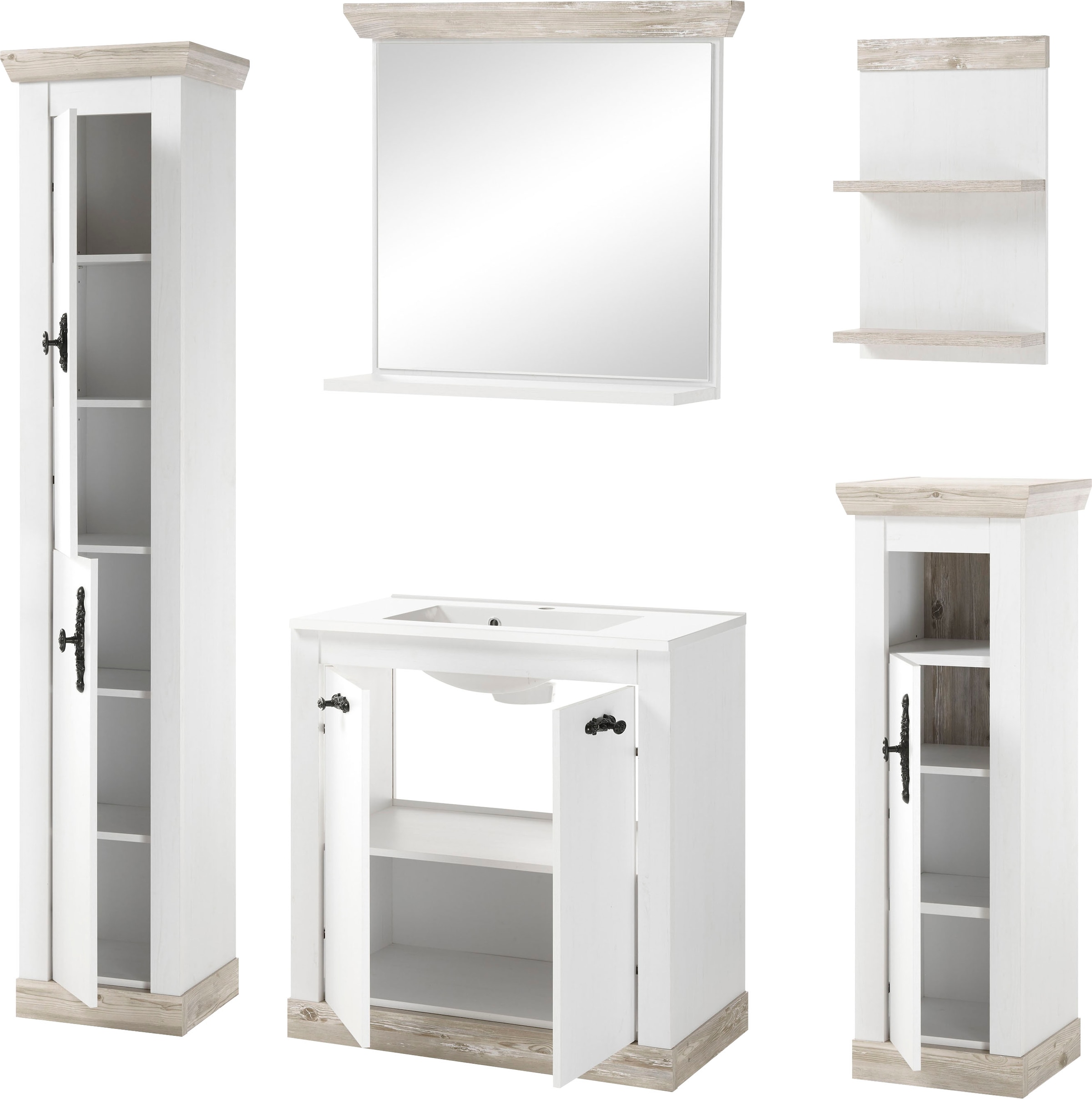 Home affaire Badmöbel-Set »Florenz, Bad im Landhausstil, 5-teiliges Badezimmer«, (5 St.), Waschtisch, Schränke, Wandregal und Spiegel, in Pinie Weiss, Stauraum