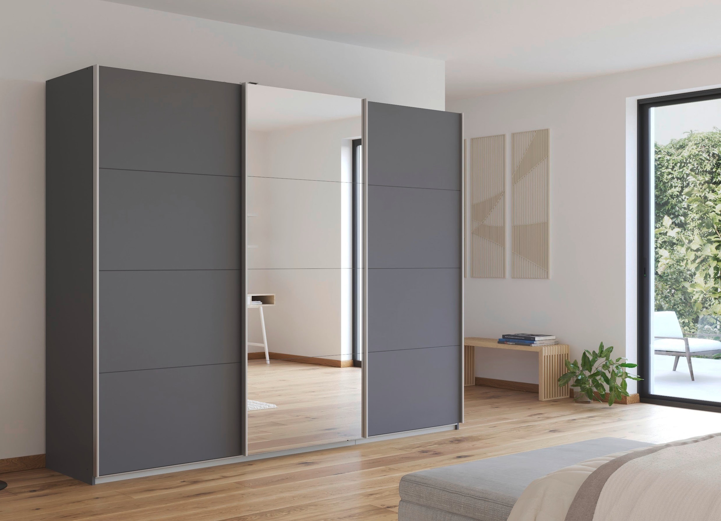 rauch Schwebetürenschrank »Kleiderschrank Schrank Garderobe Wäscheschrank Ankleide KULMBACH« Breite 271 cm,  in 2 Höhen erhältlich, mit Metallgriffleisten MADE IN GERMANY