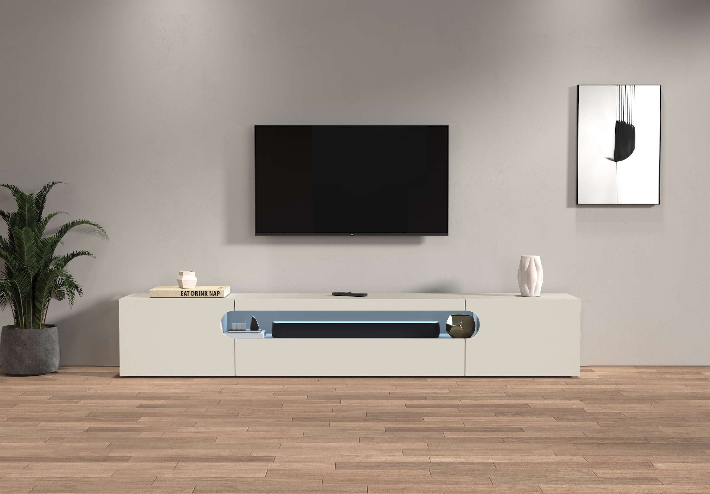 Image of Home affaire Lowboard "REAL TV-Möbel, 240 cm breit, 40/60 cm hoch, Hochglanz oder matt" mit 2 abgerundeten Türen, 1 Klappe, die ein ovales offenes Fach bilden