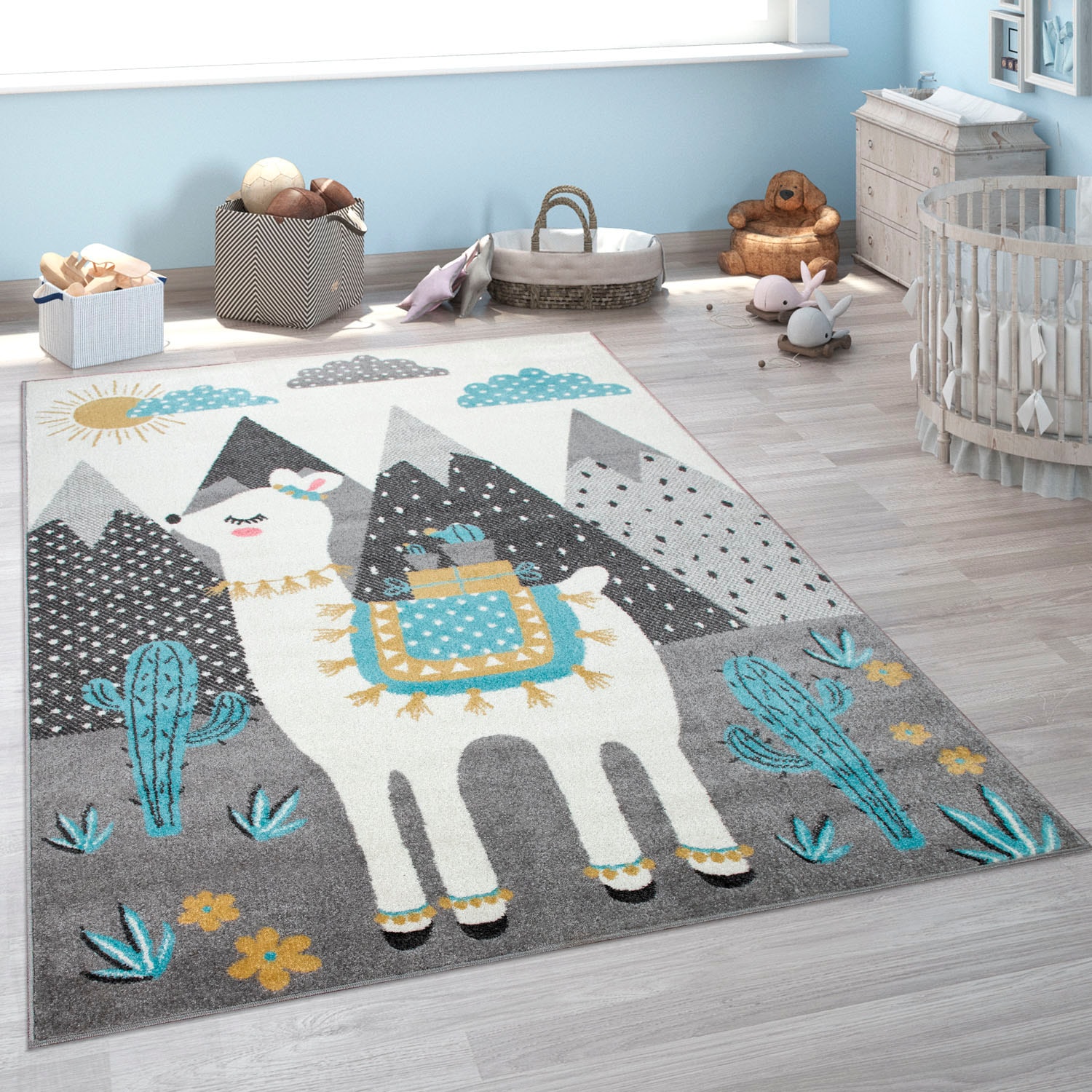 Paco Home Kinderteppich »Nino 882«, rechteckig, 13 mm Höhe, Spielteppich, Kurzflor, Motiv Berge & Lama, Kinderzimmer