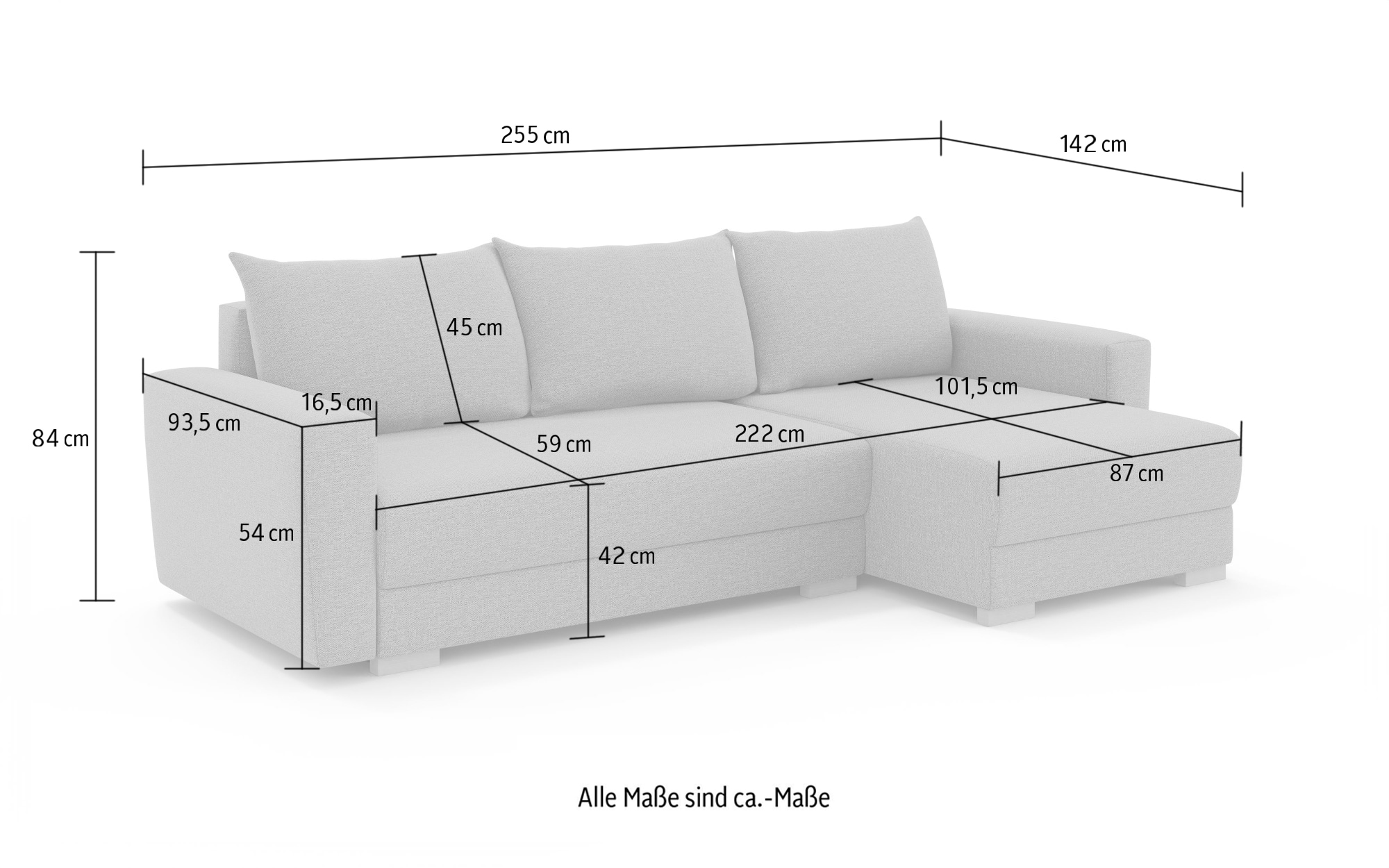 Home affaire Ecksofa »MAGHERA universell Schlafsofa mit Bettkasten, Masse B/T/H: 255/142/84cm« L-Form mit Recamiere rechts oder links montierbar, hoher Sitzkomfort