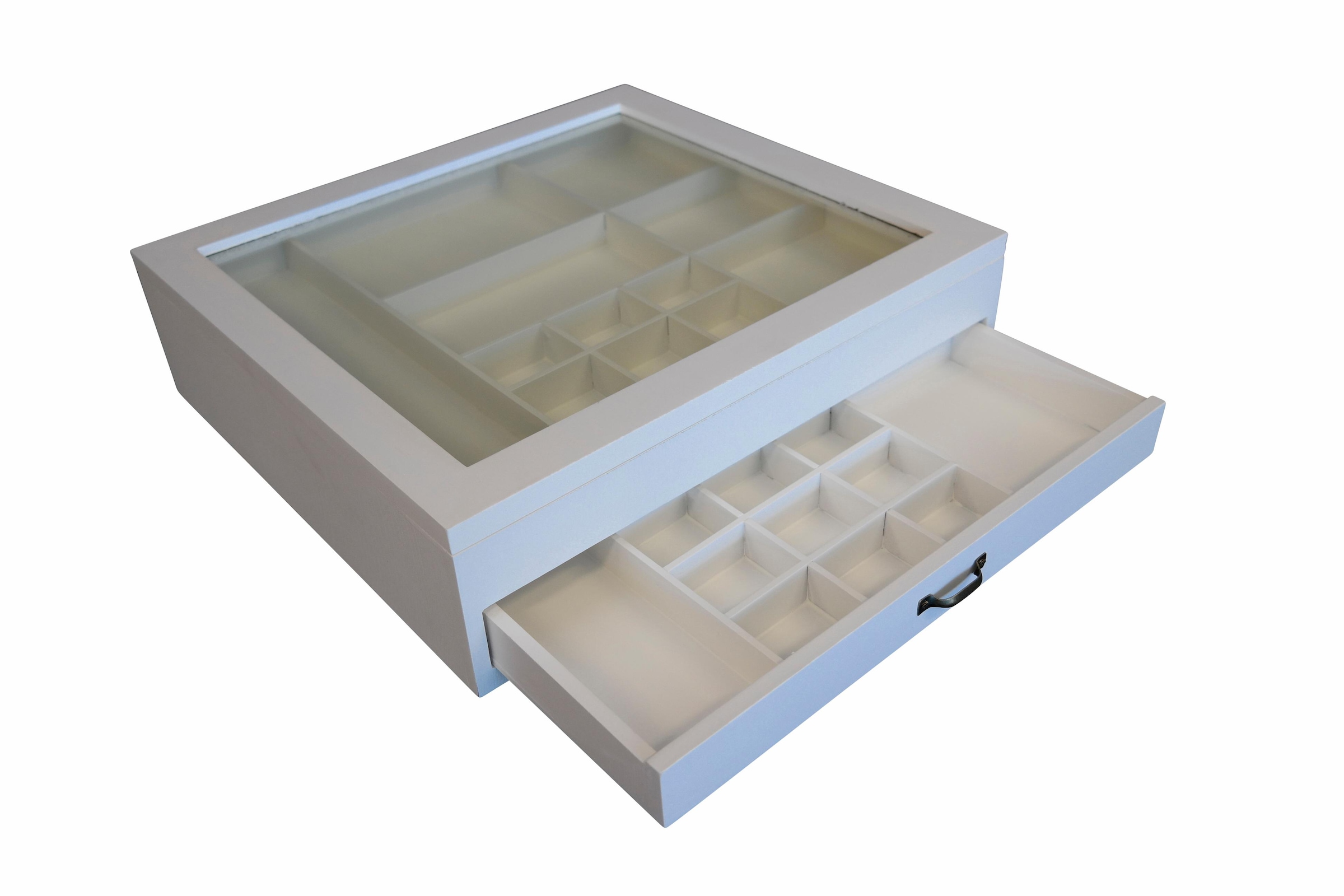 Myflair Möbel & Accessoires Aufbewahrungsbox, Setzkasten, weiss, mit Deckel aus Glas & Schubkasten