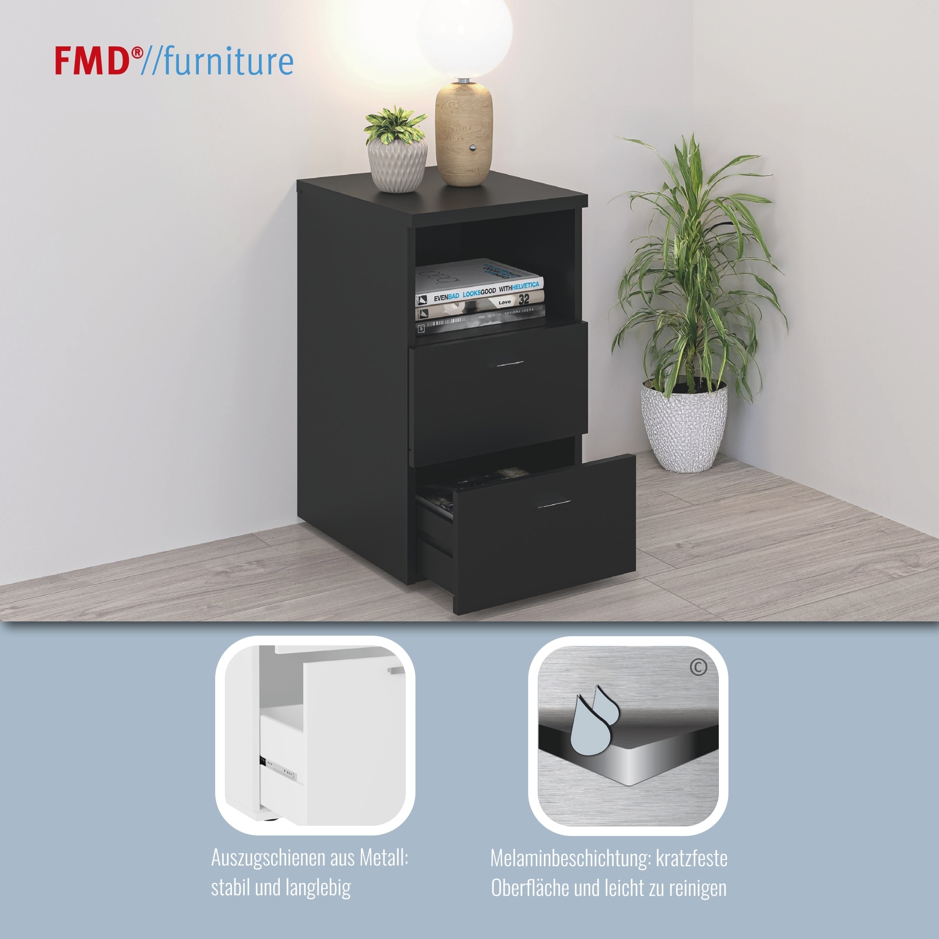 FMD Console de nuit »Suva« Nachttisch m. 2 Schubkästen und offenem Fach