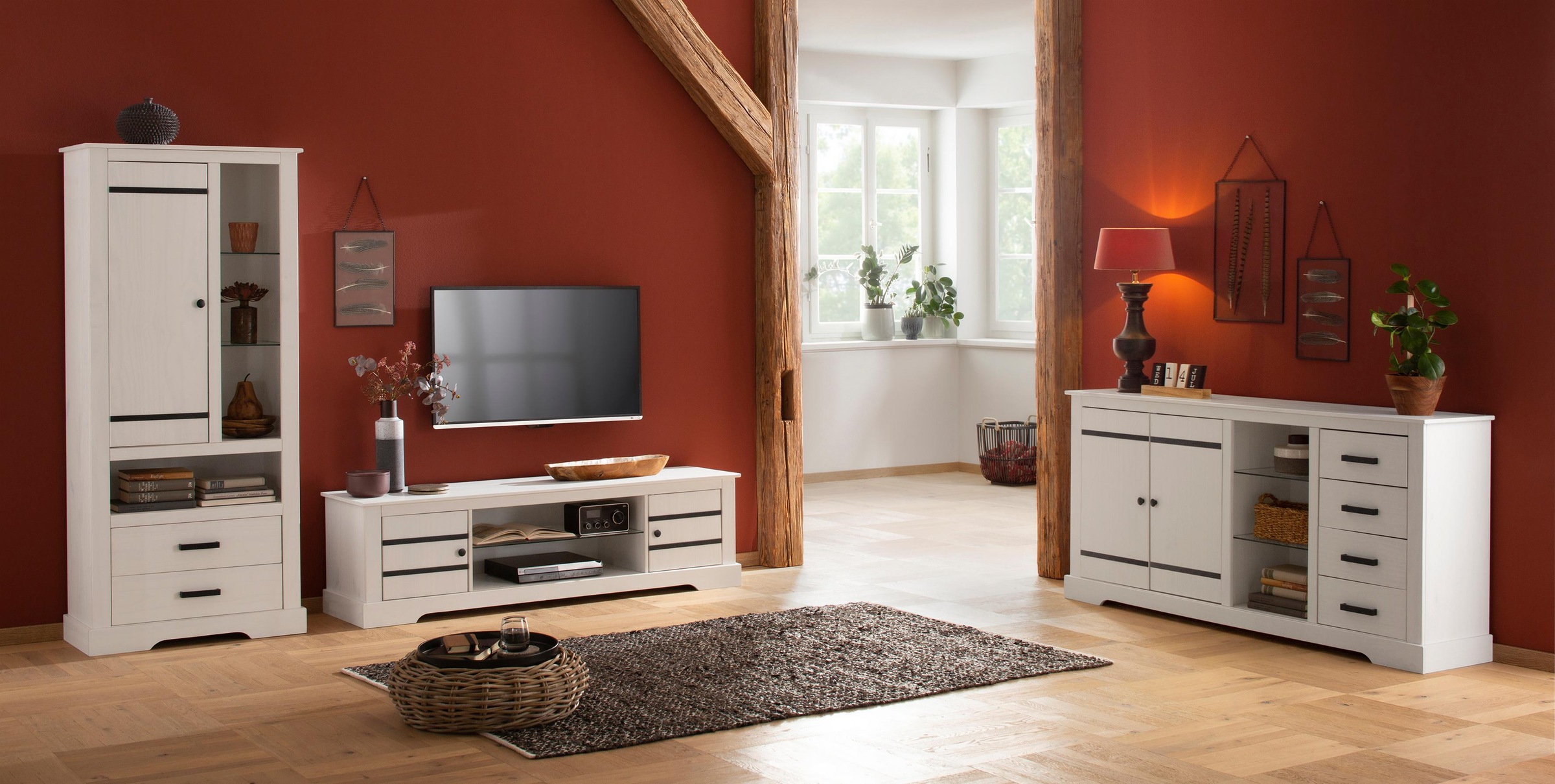 Image of GOODproduct Sideboard Kommode aus massivem Kiefernholz, mit verstellbaren Glaseinlegeböden
