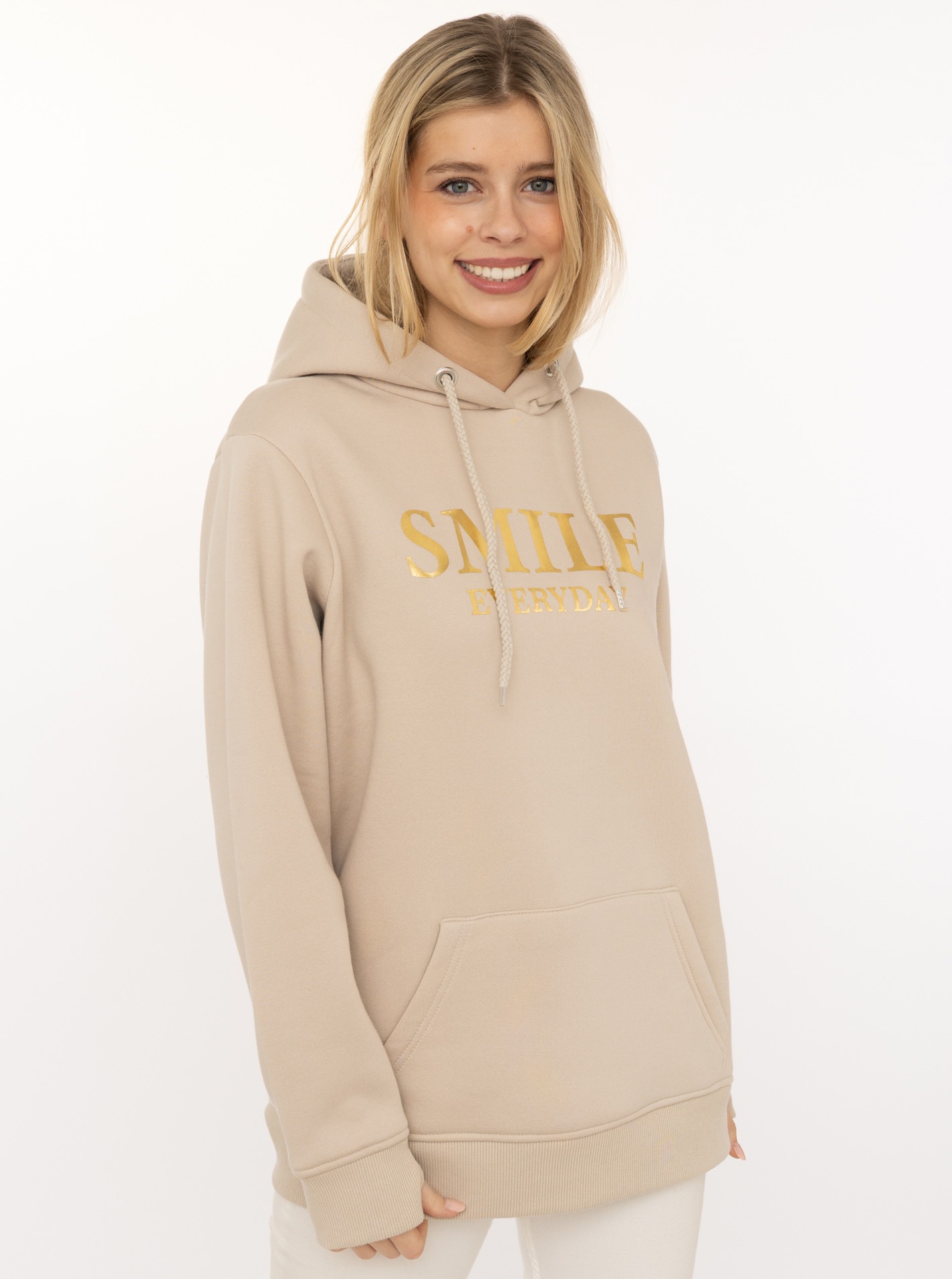 Image of Zwillingsherz Hoodie ""Smile Sparkle"", glänzender Print, Fronttasche, Kapuze, Daumenloch