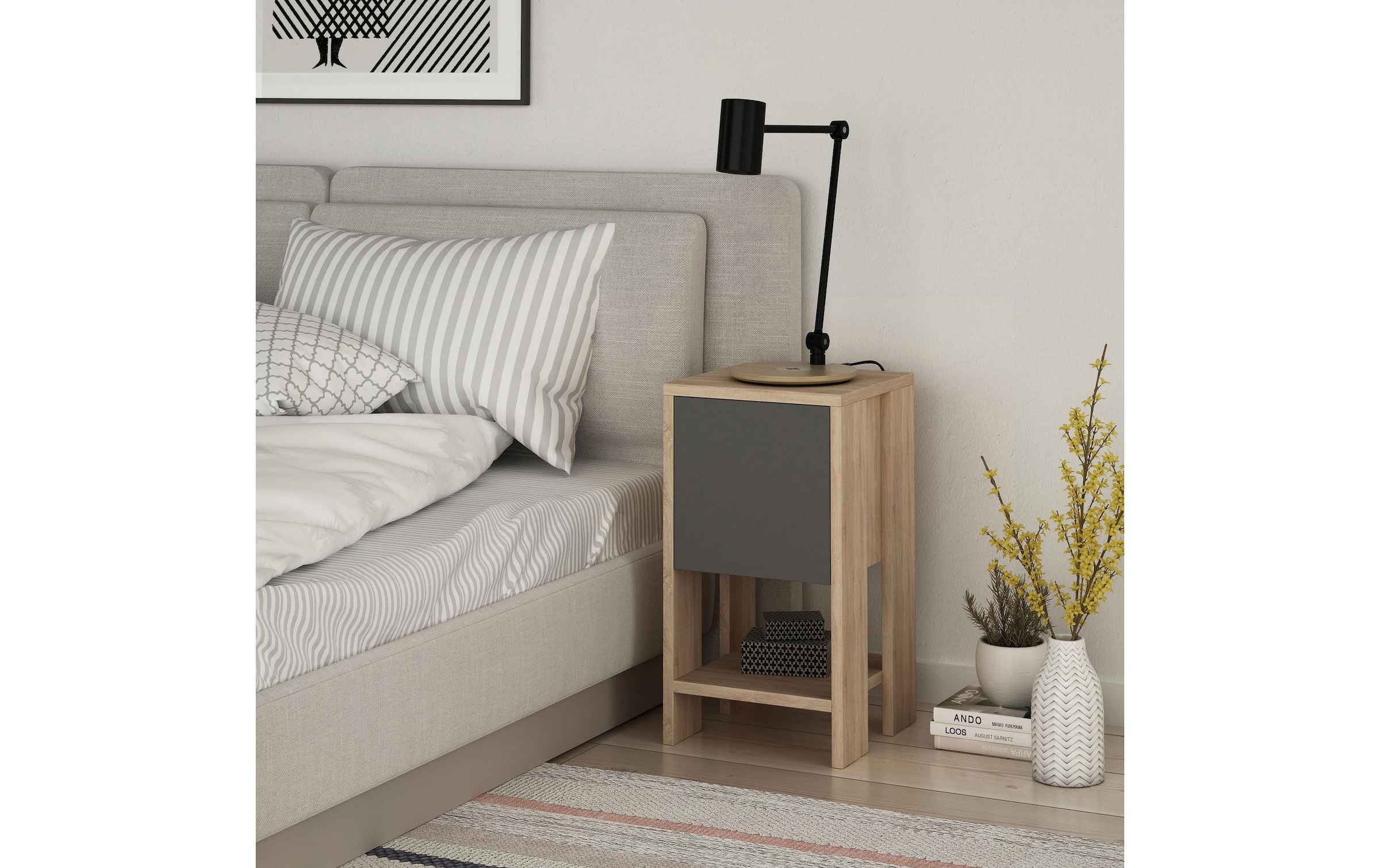 WOODY FASHION Nachttisch »Ema 30 x 55 x 30 cm, Anthrazit/Nature«