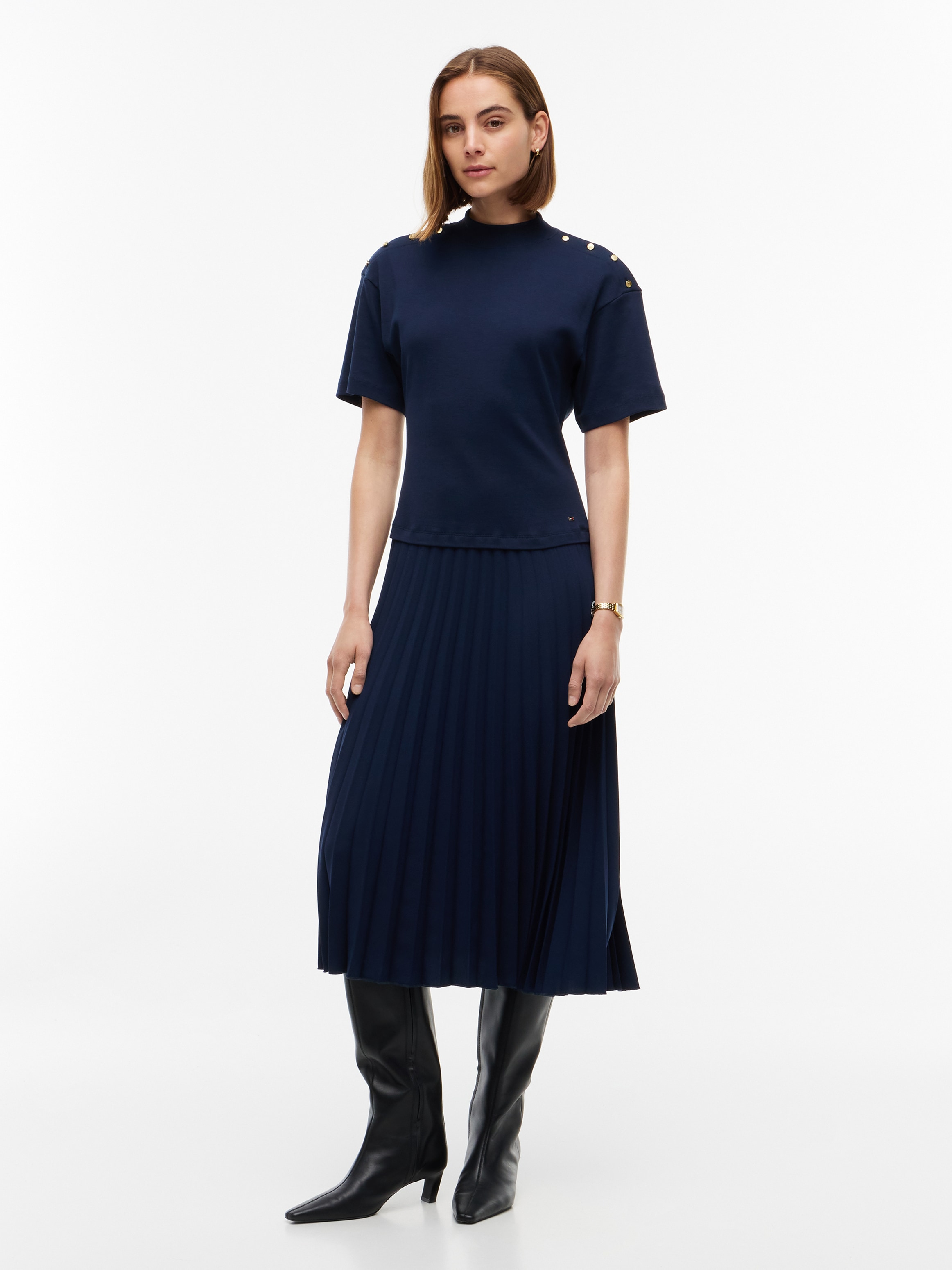 Tommy Hilfiger Robe en tricot »GOLD BUTTON HIGH-NK S/S DRESS« Coton