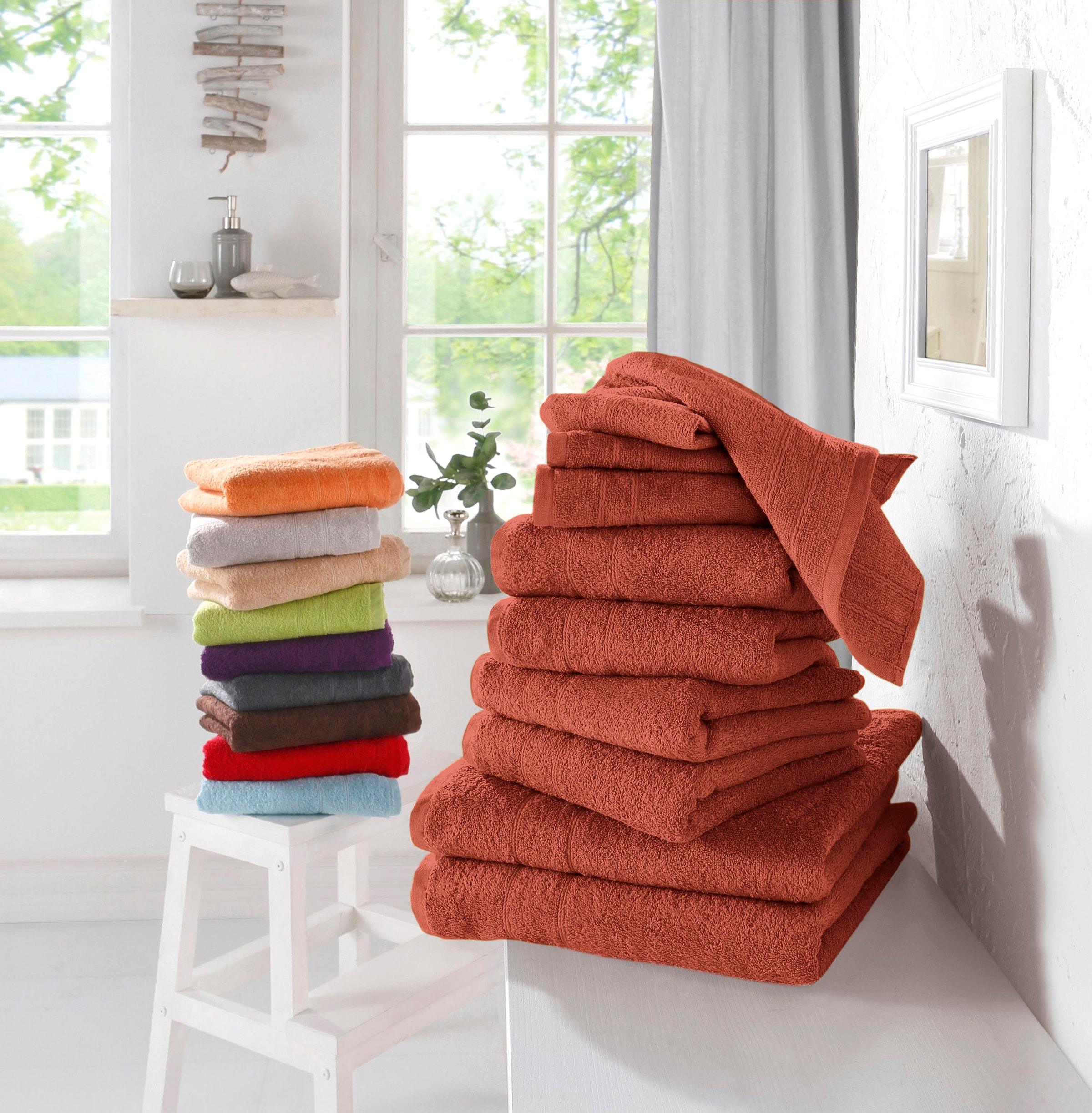 my home Handtuch Set »Inga, Duschtücher, Handtücher, Gästetücher, Seiftücher«, 10 tlg., Walkfrottee, Handtücher mit feiner Bordüre, 100% Baumwolle, einfarbig, weich