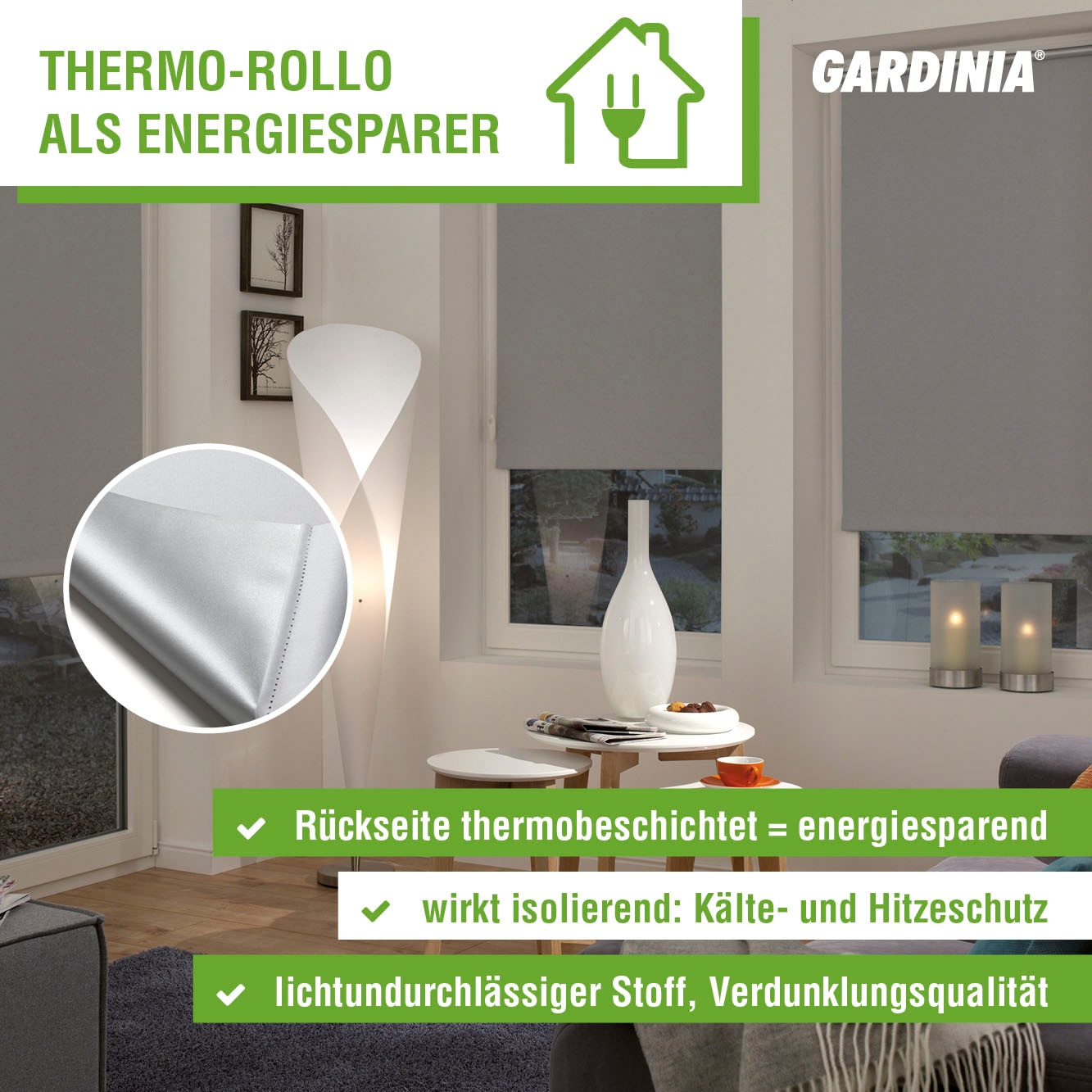 GARDINIA Seitenzugrollo »Uni-Rollo - Thermo Energiesparend«, verdunkelnd, energiesparend-Sichtschutz, mit Bohren, freihängend, Abschlussprofil in weiss