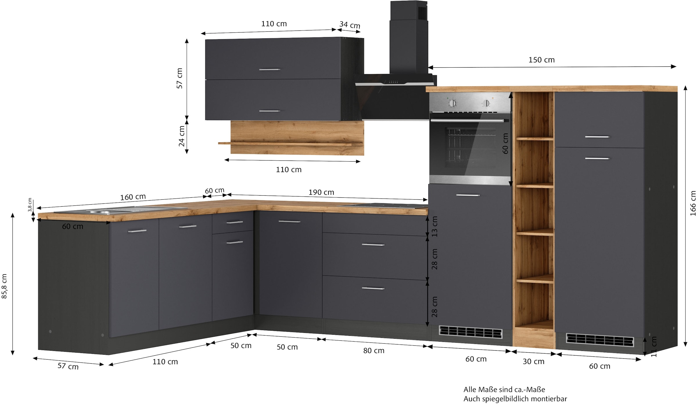 KOCHSTATION Cuisine d'angle »KS-Milan« largeur 340/220 cm, beaucoup d'espace de rangement, appareils électriques en option