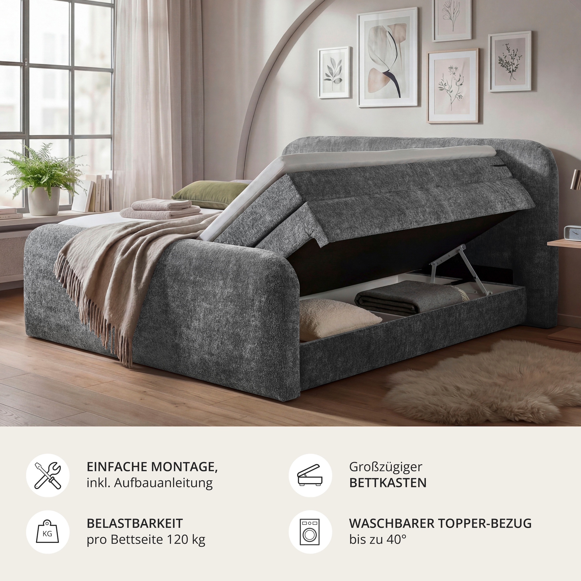 ED EXCITING DESIGN Lit boxspring »AROSA in der Breite 180x200cm« incl. surmatelas 6 cm, matelas duo H3/H4, coffre de lit caché