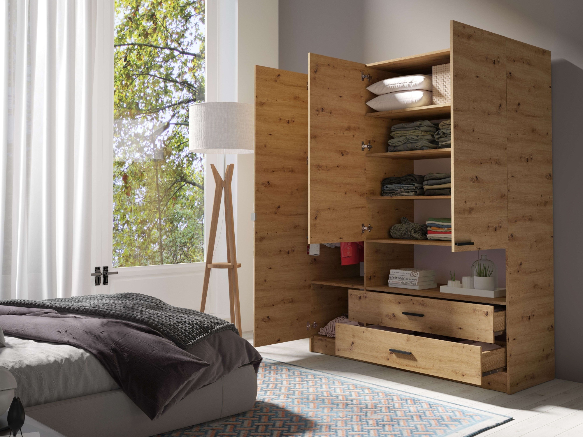 INOSIGN Kleiderschrank »LAREDO Wäscheschrank komplette Innenausstattung, Masse 158,3/200,5/55cm«, Garderobe mit offenem Fach, 3 Türen und 2 Schubladen, FSC