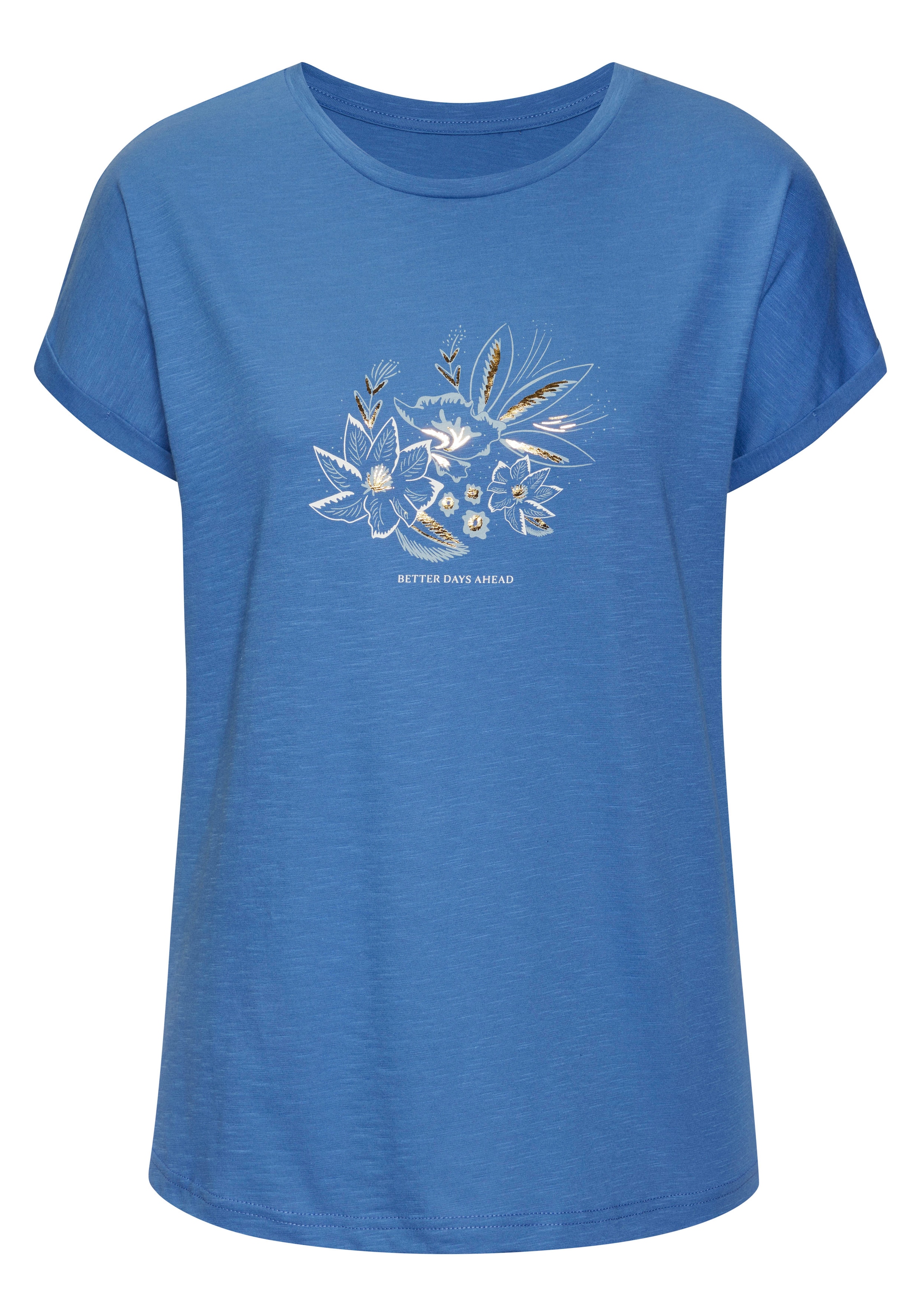 Vivance T-Shirt »mit goldfarbenenfarben schimmerndem Folienprint«, aus weicher Baumwoll-Qualität