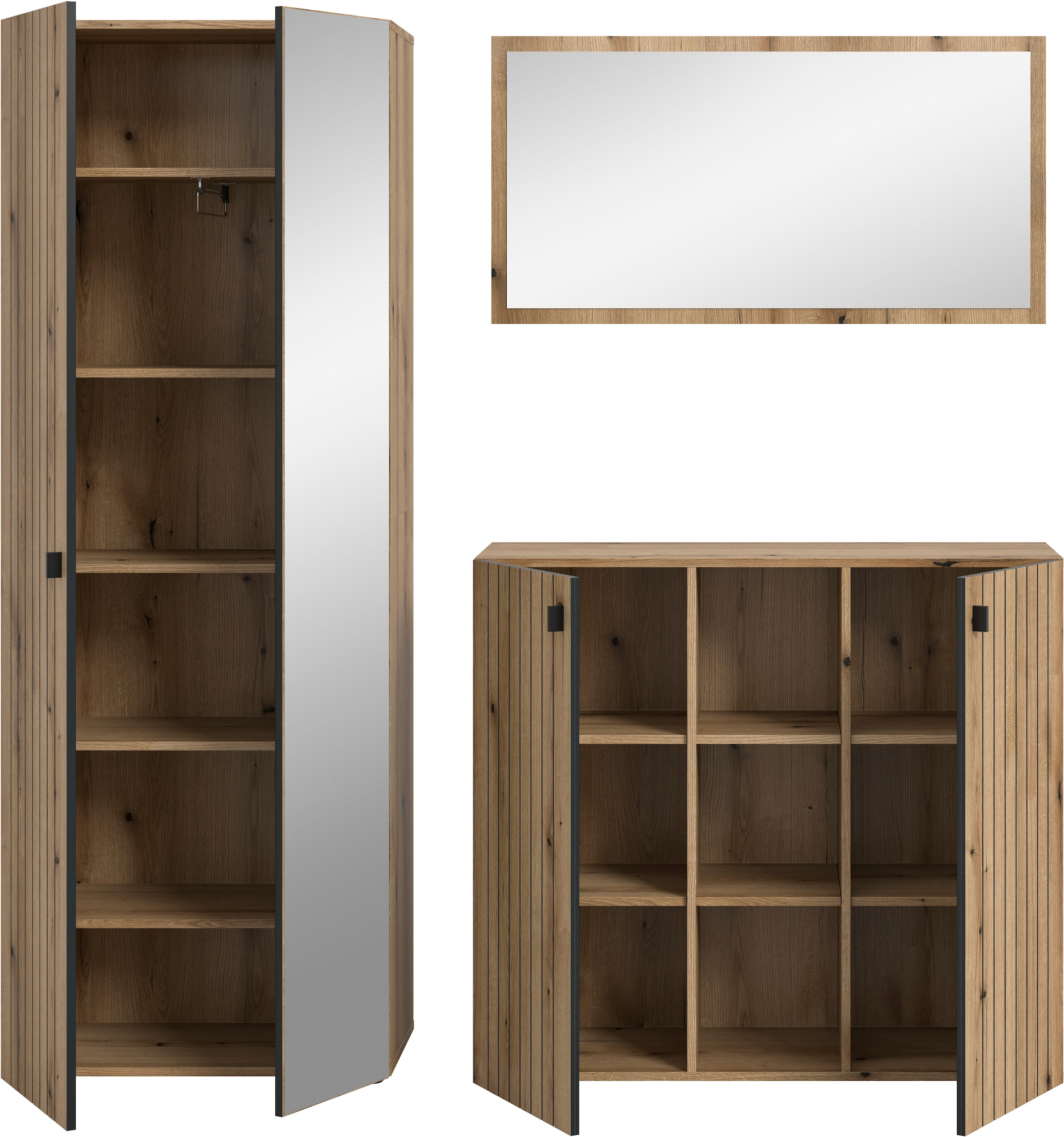 Home affaire Ensemble de vestiaires »TATIO, 3-tlg. Garderobenkombination, Breite: 191 cm, Rillenfräsung« Set, Set, best. aus: 1 Spiegel, 1 Garderobenschrank, 1 Schuhkommode, 3 cuis tlg.