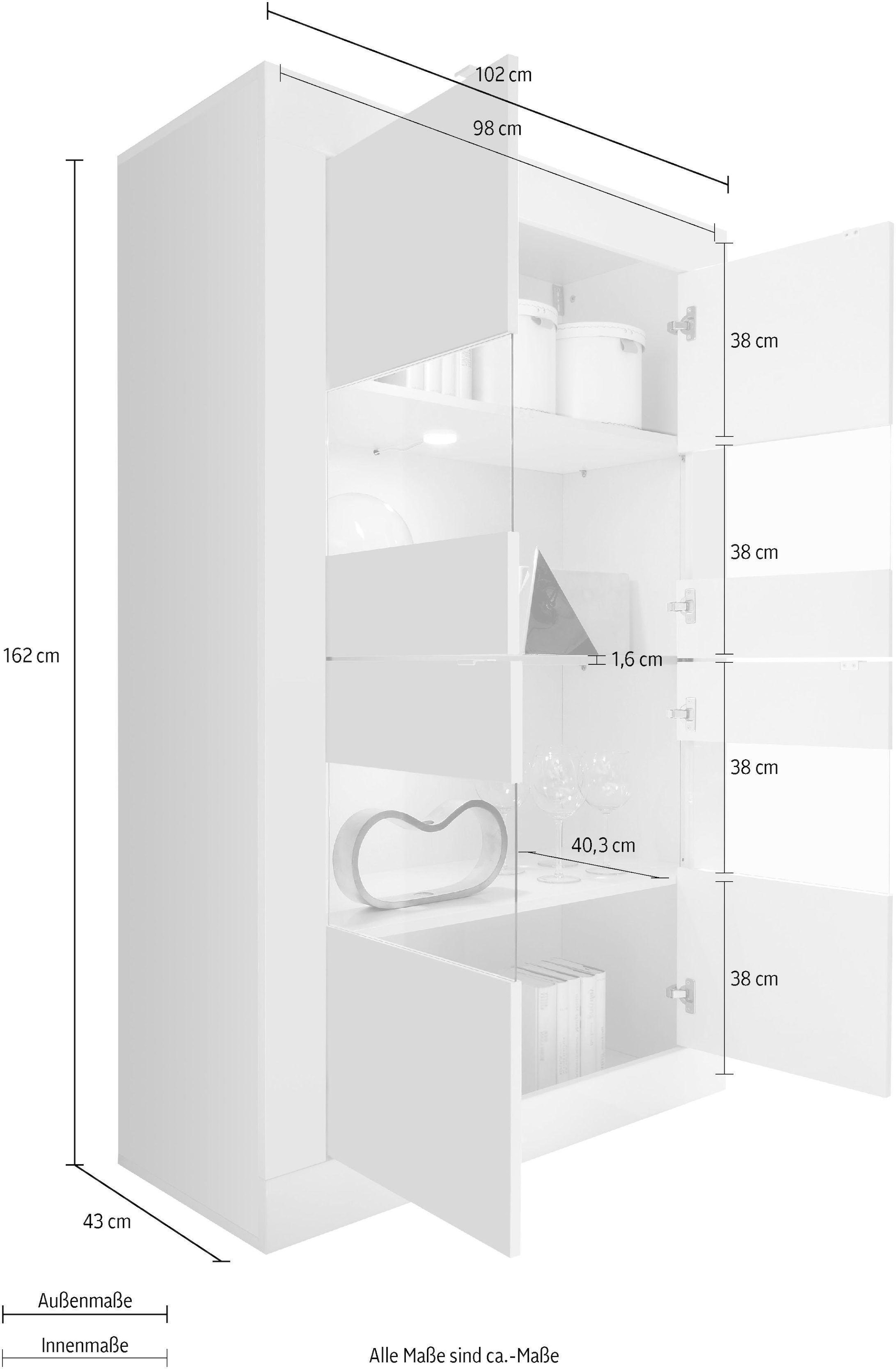 INOSIGN Vitrine »Basic Höhe 162 cm, Standvitrine mit 4 Türen - Metallgriffe,«, Stauraumvitrine in moderner Rahmenoptik, Hochschrank, Anrichte