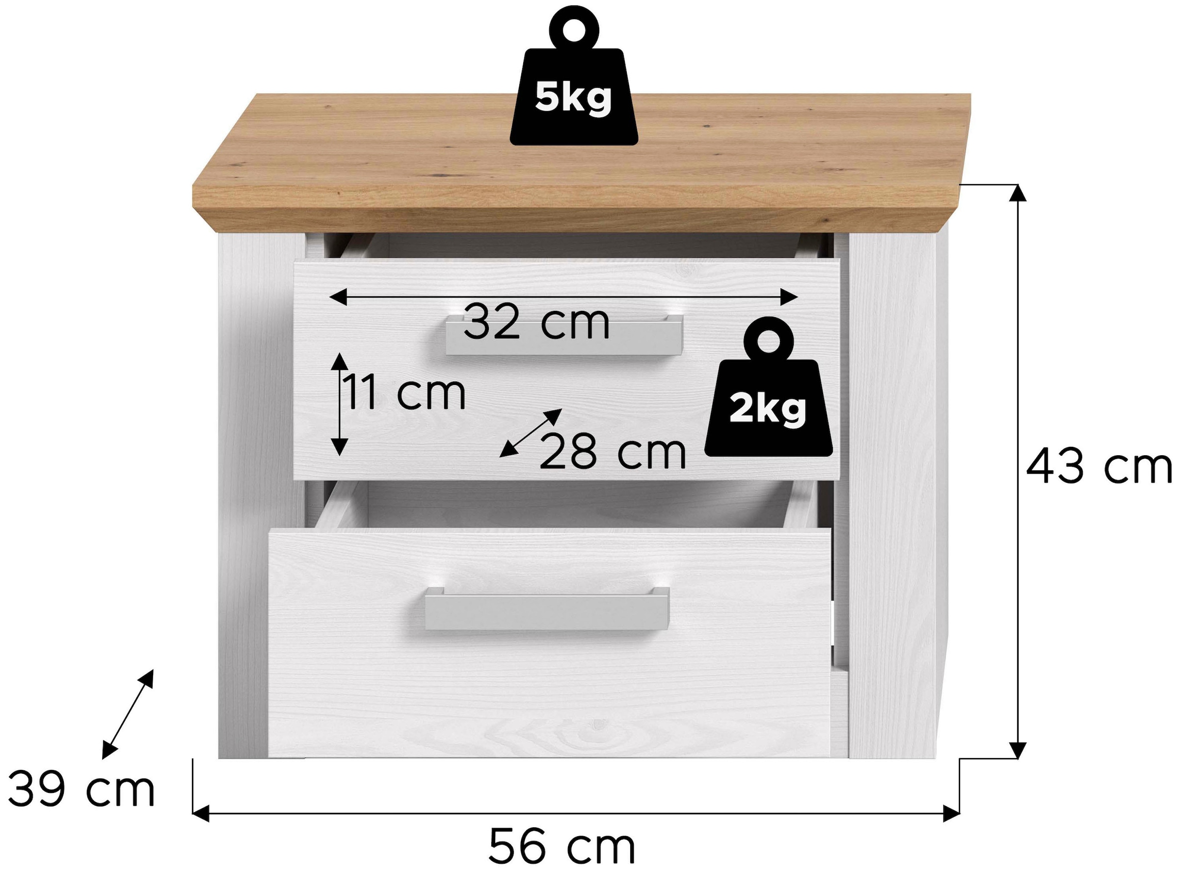 Home affaire Table de nuit »COSENZA, Breite 54cm, in Landhausoptik« Inclus 2 tiroirs à sortie totale,  table de nuit, chevet, commode, Nako, table d'appoint
