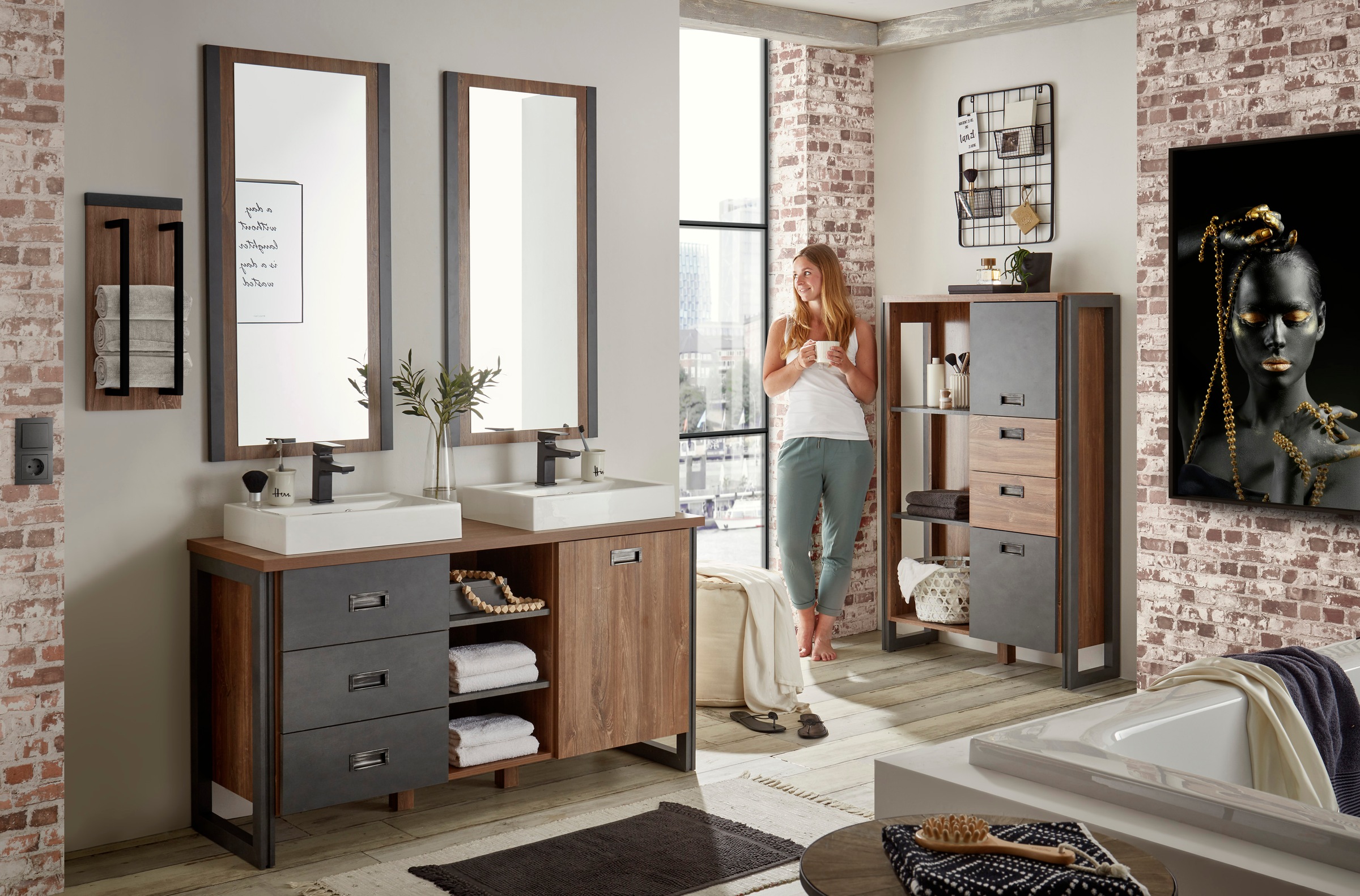 Home affaire Badmöbel-Set »Detroit, Bad im Industrialdesign, 3-teiliges Badezimmer«, (Set, 4 St.), Waschtisch, Highboard, Spiegel, inkl. 2 Mineralguss-Aufsatzwaschbecken