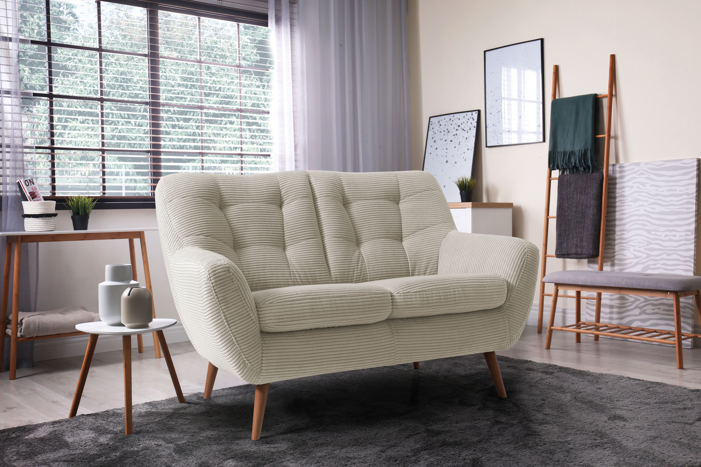 exxpo - sofa fashion 2-Sitzer »Scandi, bequem, aufwendige Rückenpolsterung für mehr Sitzkomfort« akuelle Farben in hochwertige Bezugsqualitäten, Holzfuss