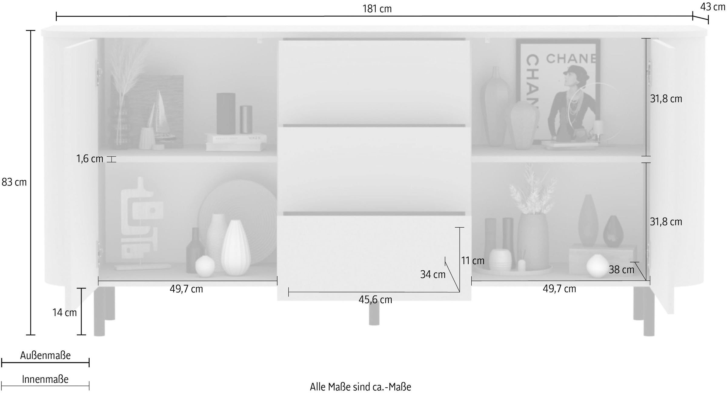 INOSIGN Sideboard »Lido, 181 cm breit, 2 Türen, 3 Schubkästen, Kommode, Stauraumschrank« Formgebogenes MDF, Stirnseiten mit Rundung, Push-to-open, Metallfüsse