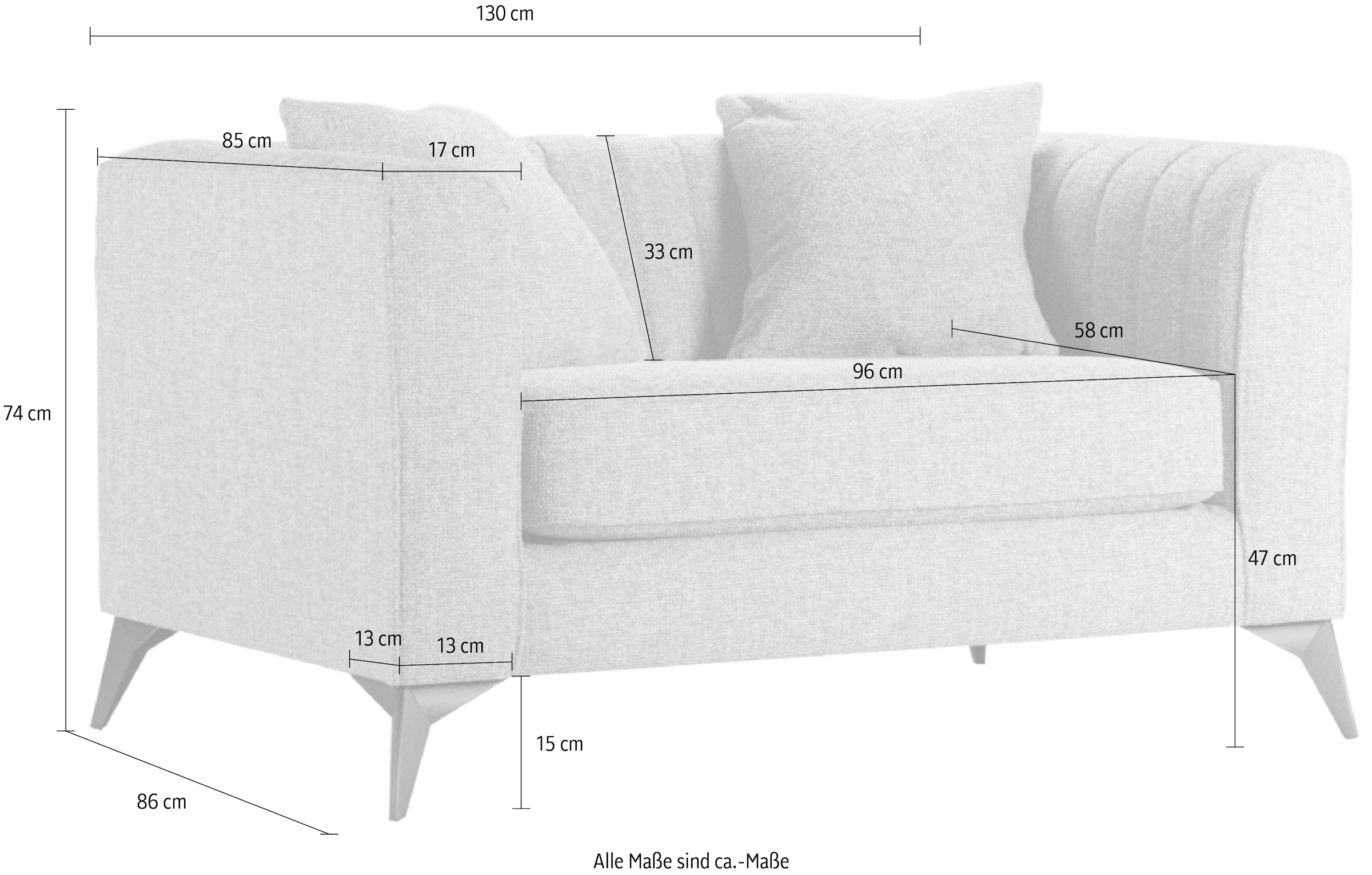 Places of Style Loveseat »MATTHEW Loungesessel, Masse B/T/H: 130/86/74 cm«, incl. Zierkissen, feine Steppung im Rücken, belastbar bis 200kg