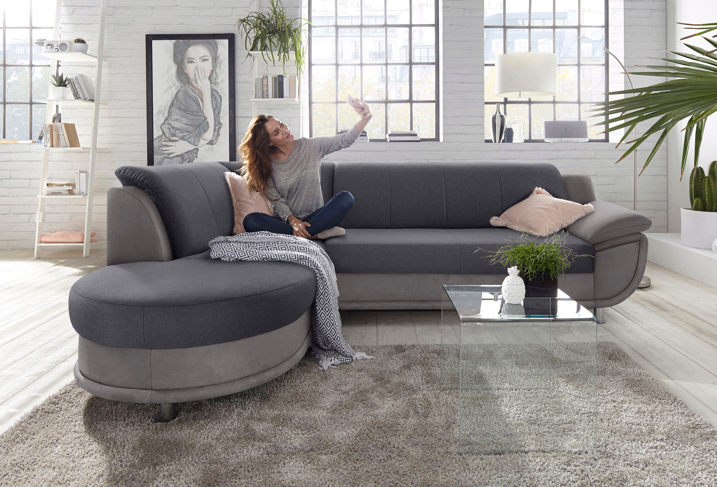 Image of TRENDMANUFAKTUR Ecksofa "Rondo III 265 cm, zeitlos & bequem, Materialmix, L-Form" wahlweise mit Federkern für mehr Komfort, wahlweise mit Bettfunktion