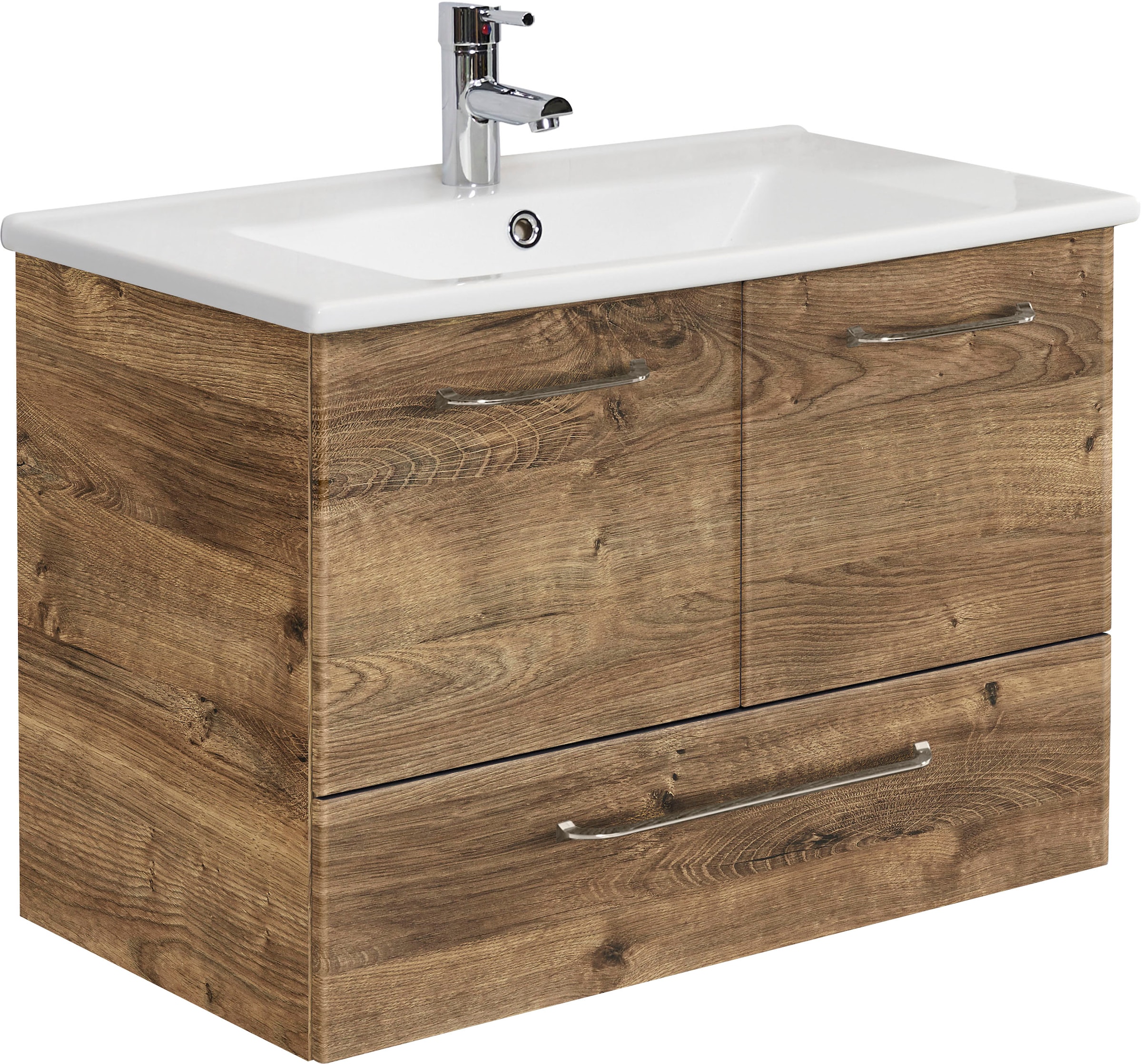 Saphir Waschtisch »Quickset Keramikwaschtisch mit Unterschrank, 75 cm breit, Waschplatz« Griffe in Chrom Glanz, inkl. Türdämpfer, 2 Türen, 1 Schublade