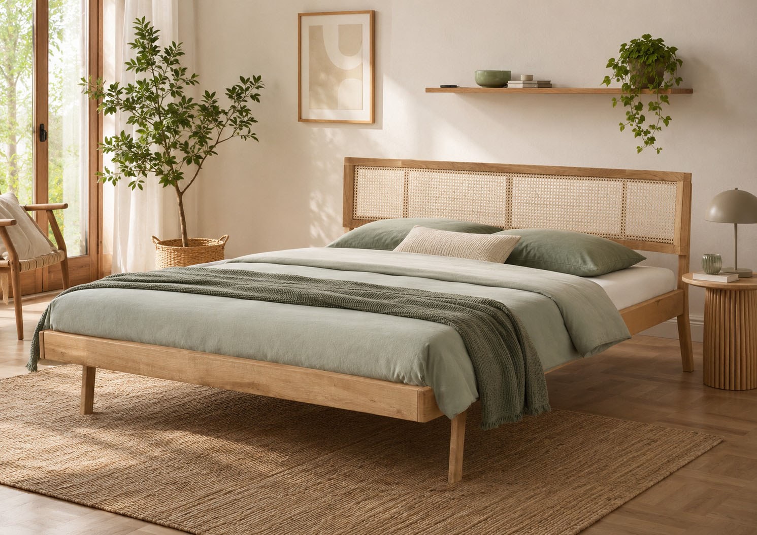 GOODproduct Lit en bois massif »Hällevik, Kopfteil höhenverstellbar, Eiche massiv, mit Wiener Geflecht« Style scandinave, fabriqué en UE, certifié FSC®, très stable